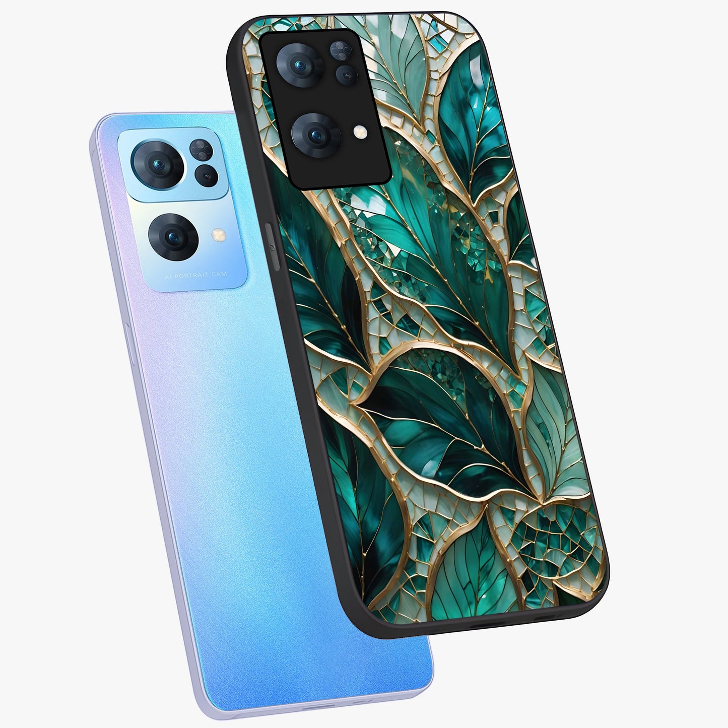 Emerald Leaf Glass Glass Case displayed in angled mockup highlighting botanical leaf illustration with elegant natural aesthetic.