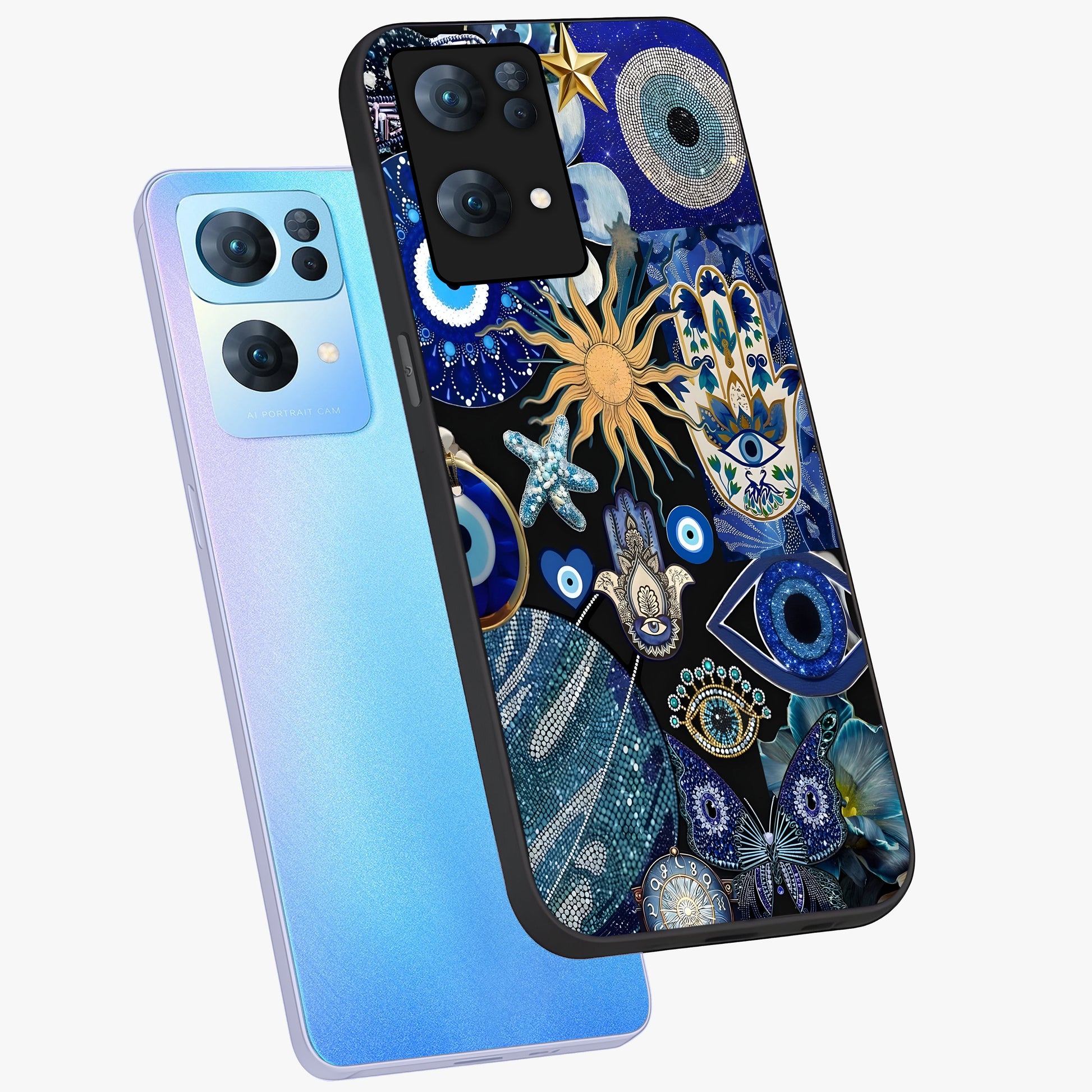 Evil Eye Charm Mix Glass Case displayed in angled mockup highlighting protective evil eye symbols with spiritual aesthetic design.