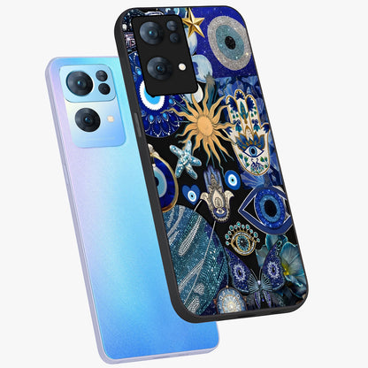 Evil Eye Charm Mix Glass Case displayed in angled mockup highlighting protective evil eye symbols with spiritual aesthetic design.