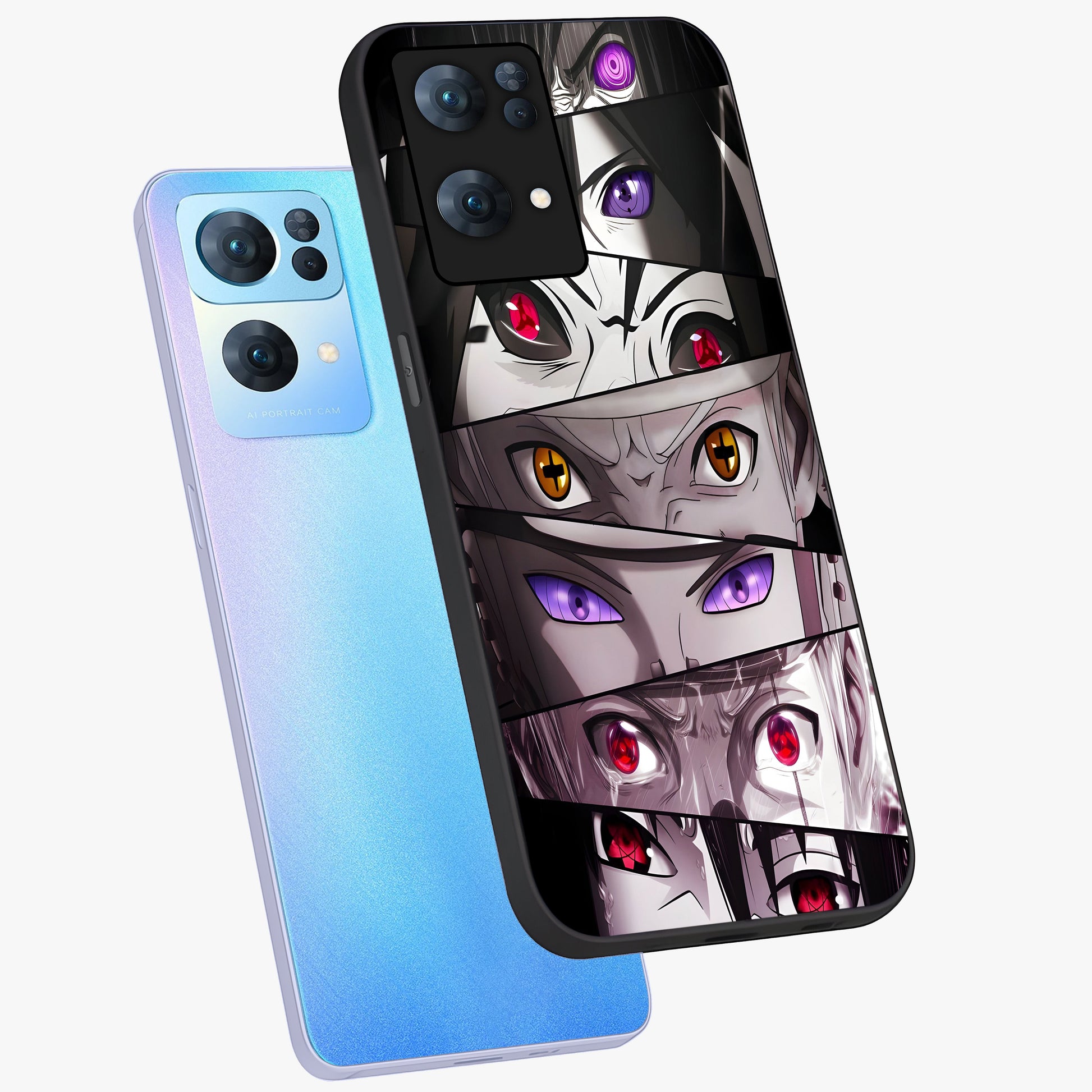 Eyes of Destiny Glass Case displayed in angled mockup highlighting bold eye illustration with mystical aesthetic style.