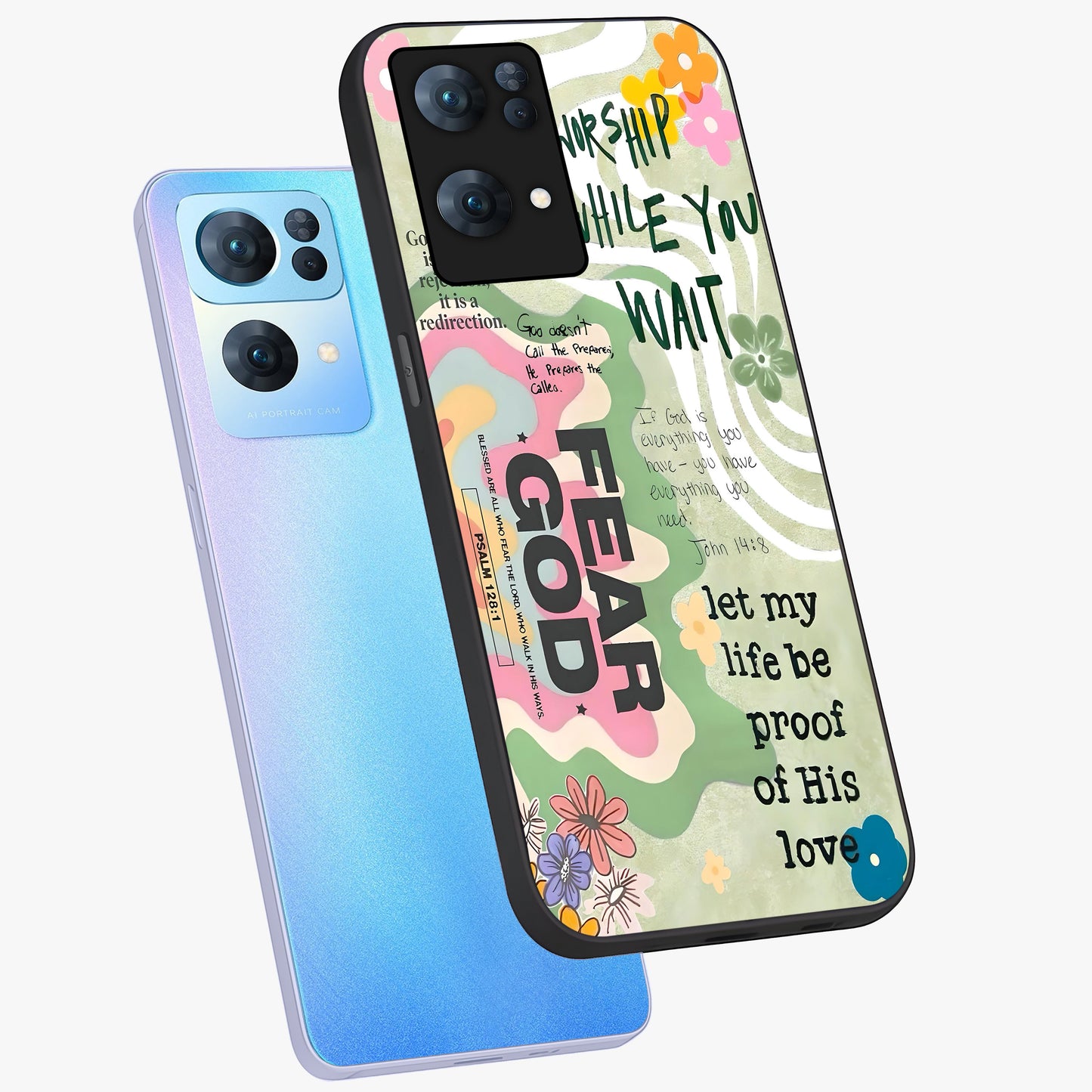 Faith Over Fear Glass Case displayed in angled mockup highlighting inspirational message design with modern aesthetic style.
