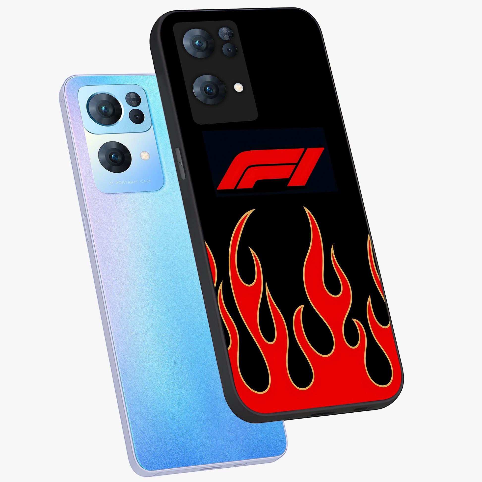 Fire F11 Glass Case displayed in angled mockup highlighting bold fire inspired graphic with energetic aesthetic style.