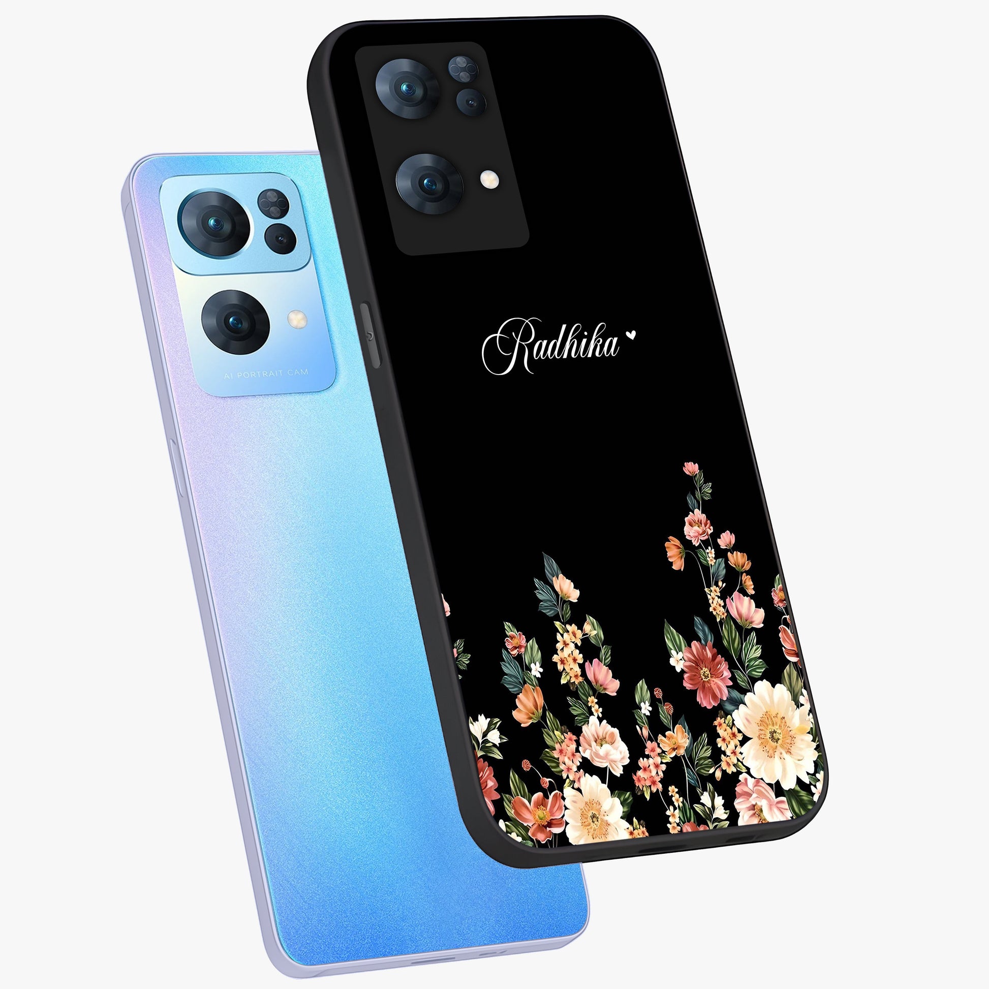 Floral Design With a Custom Personalized Name Glass Case displayed in angled mockup highlighting elegant floral pattern with custom name feature.