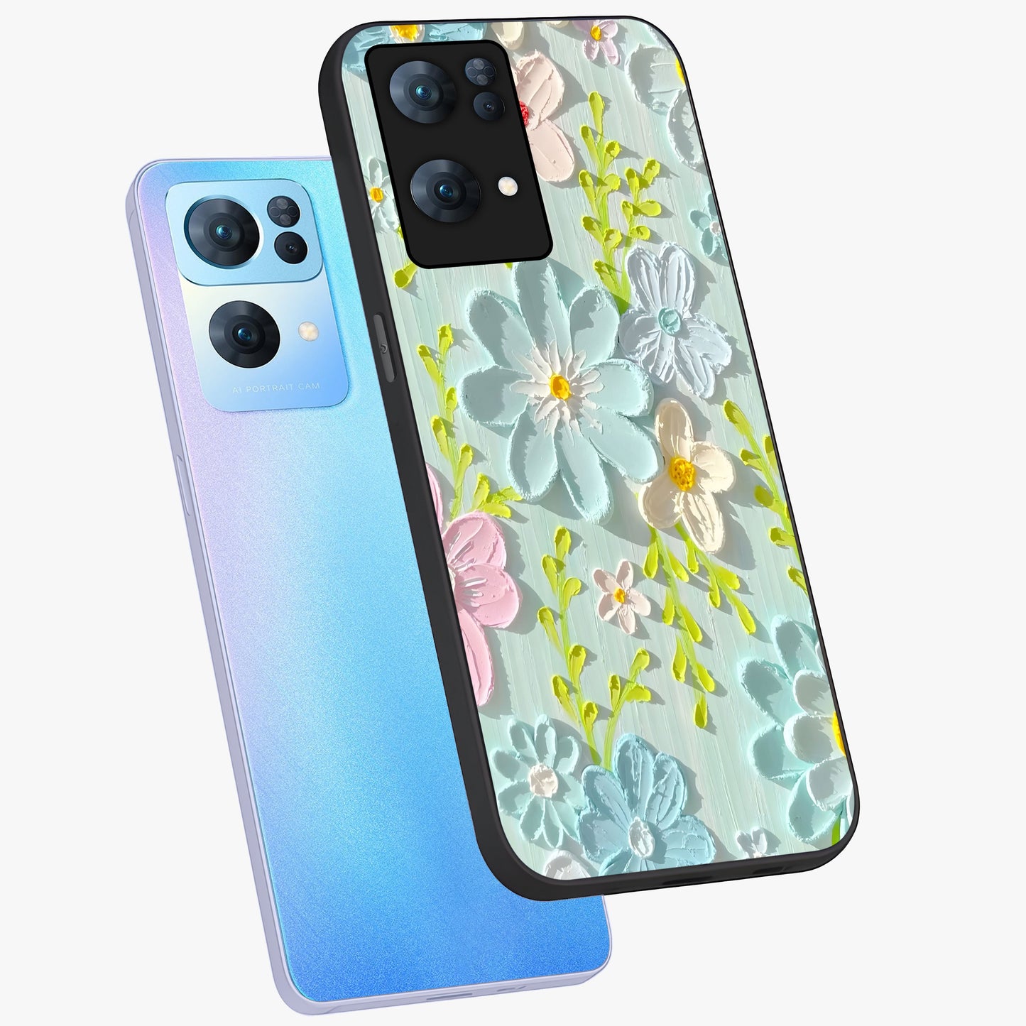 Frosted Petal Garden Glass Case displayed in angled mockup highlighting delicate flower petal design with calm garden aesthetic.