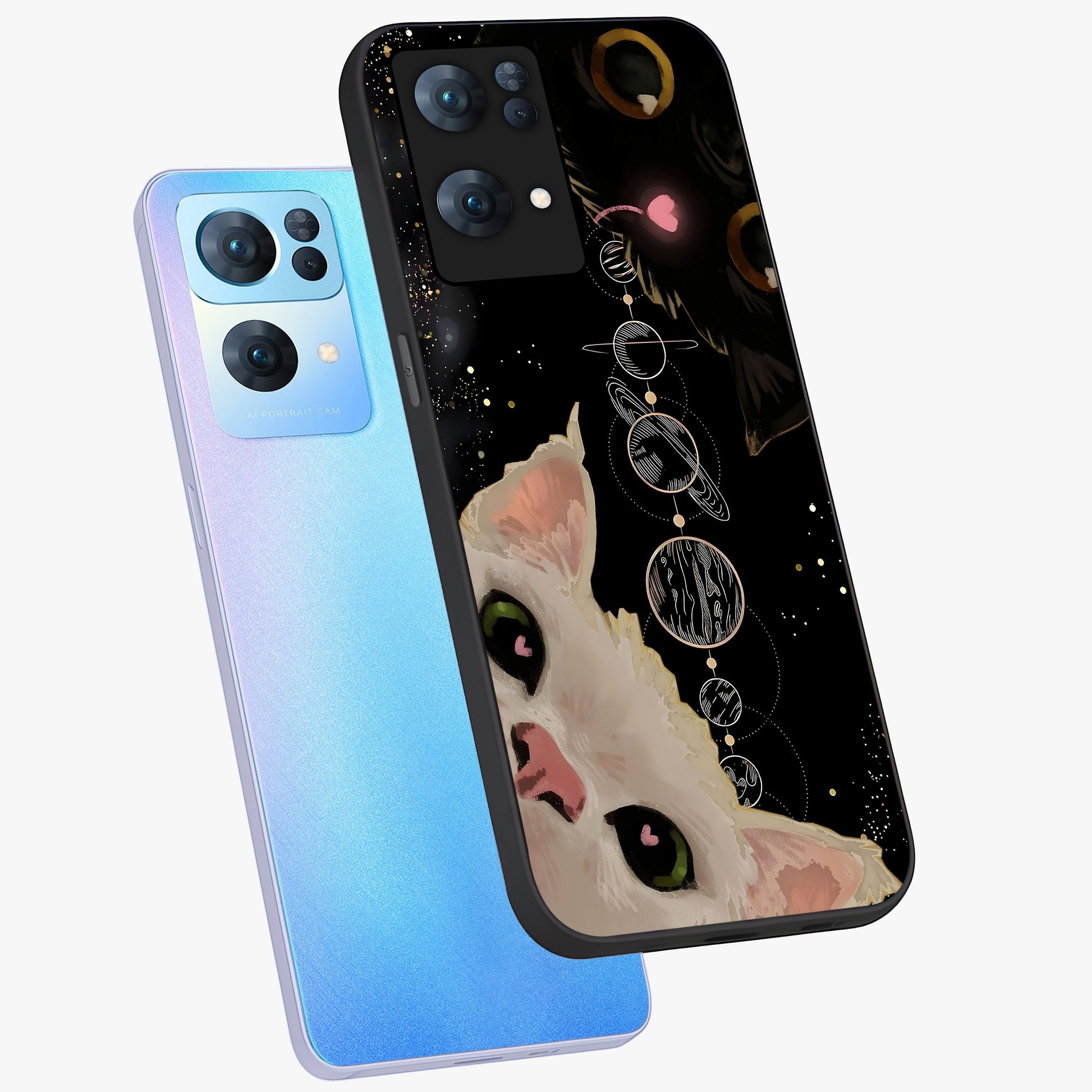 Galactic Cat Glass Case displayed in angled mockup highlighting celestial feline illustration with galaxy aesthetic style.