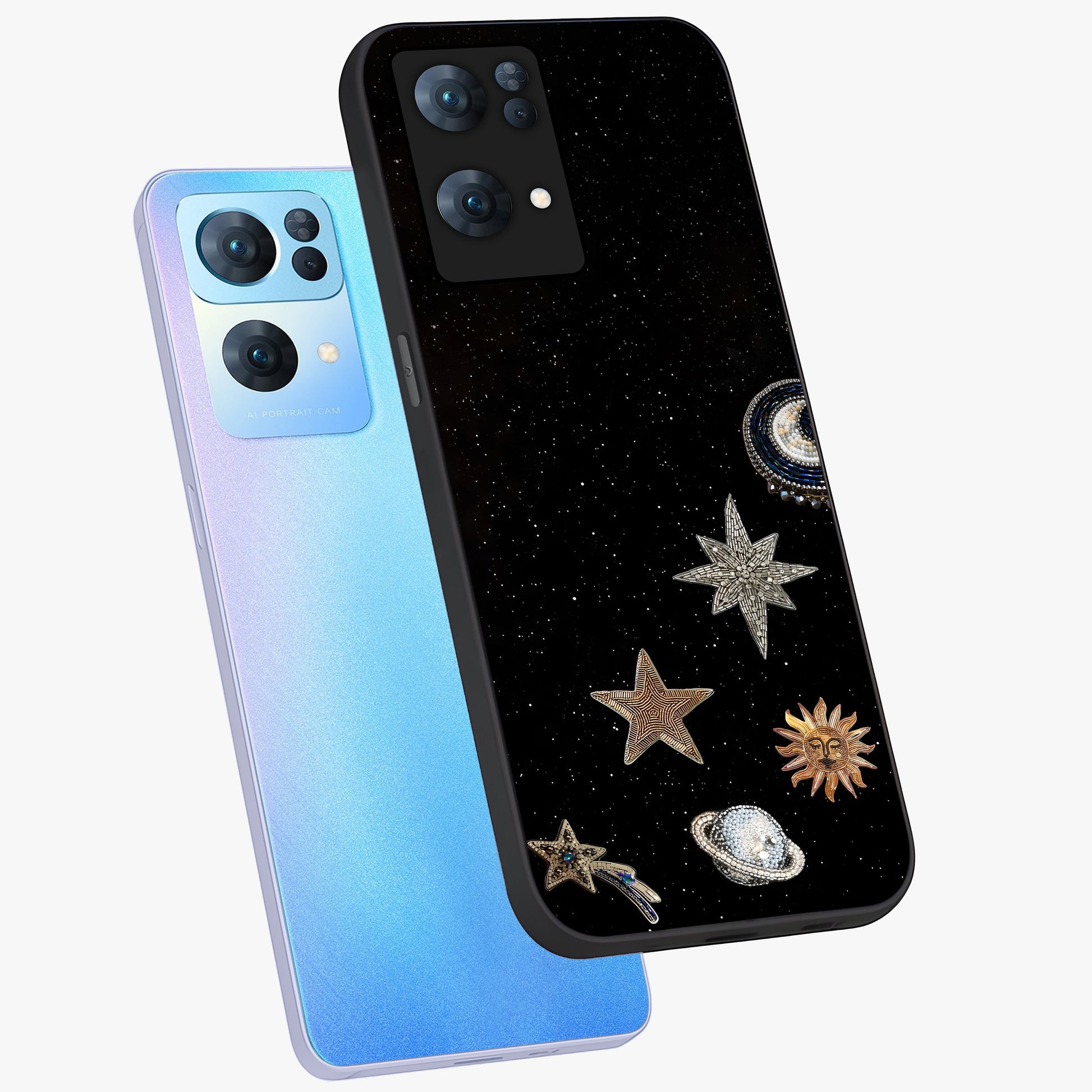 Galactic Charm Glow Glass Case displayed in angled mockup highlighting luminous galaxy inspired design with dreamy aesthetic.