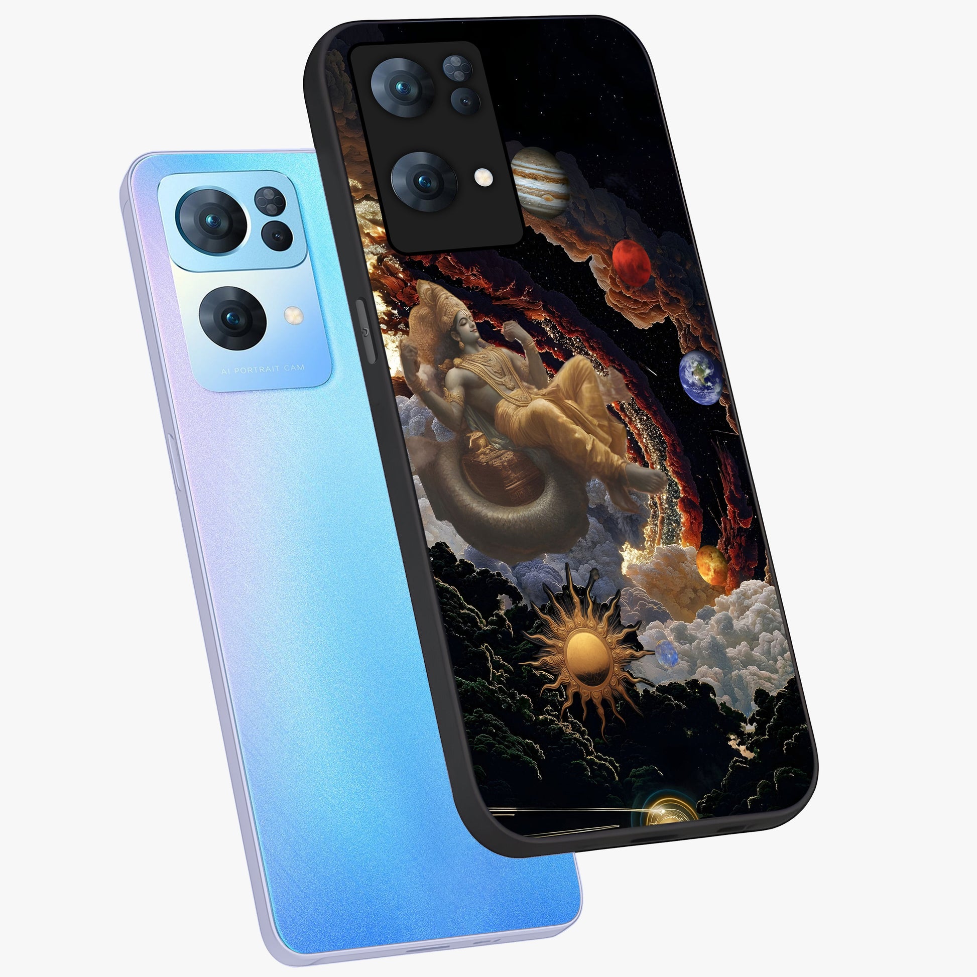 Galactic Divine God Glass Case displayed in angled mockup highlighting powerful celestial deity illustration with galactic aesthetic.