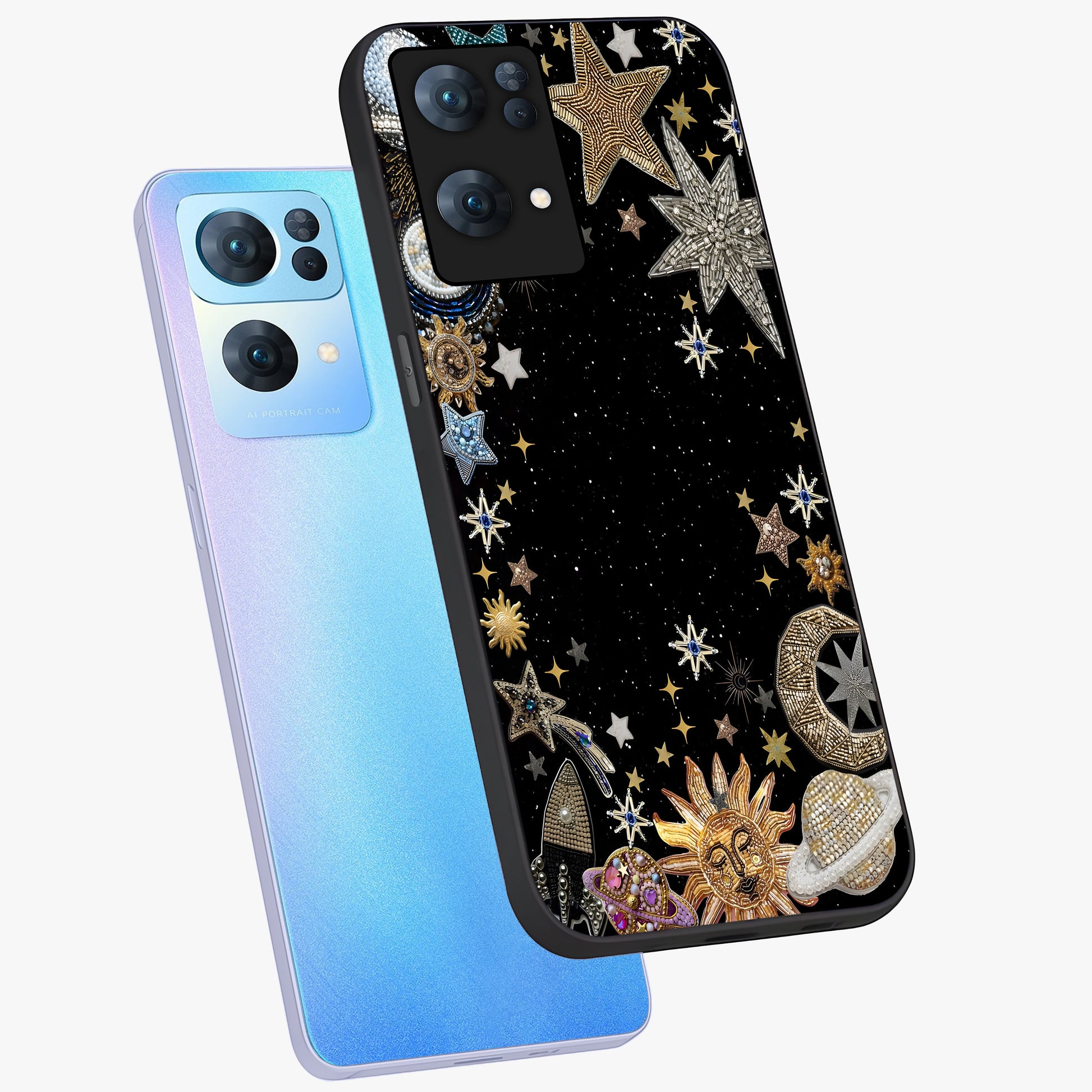 Galactic Jewel Stars Glass Case displayed in angled mockup highlighting shining celestial star design with cosmic aesthetic style.