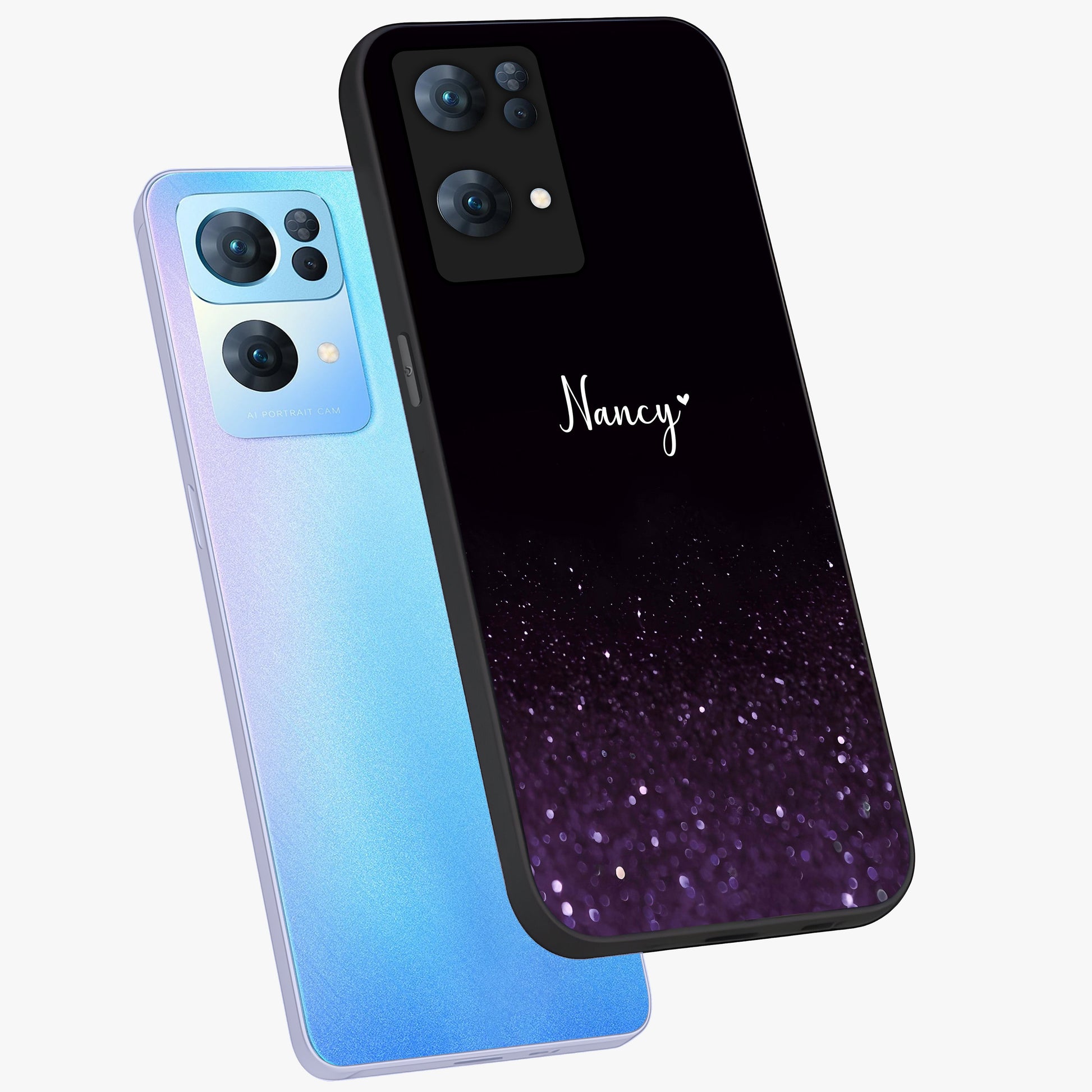 Glittery Purple Bokeh Custom Name Glass Case displayed in angled mockup highlighting glitter bokeh pattern with custom name feature.
