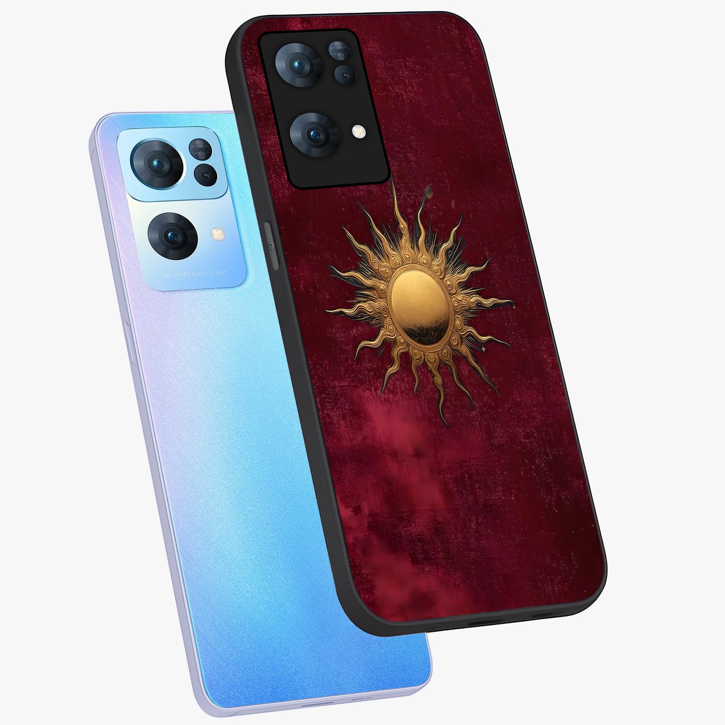 Golden Sun Minimalism Glass Case displayed in angled mockup highlighting clean sun symbol design with modern minimal aesthetic.
