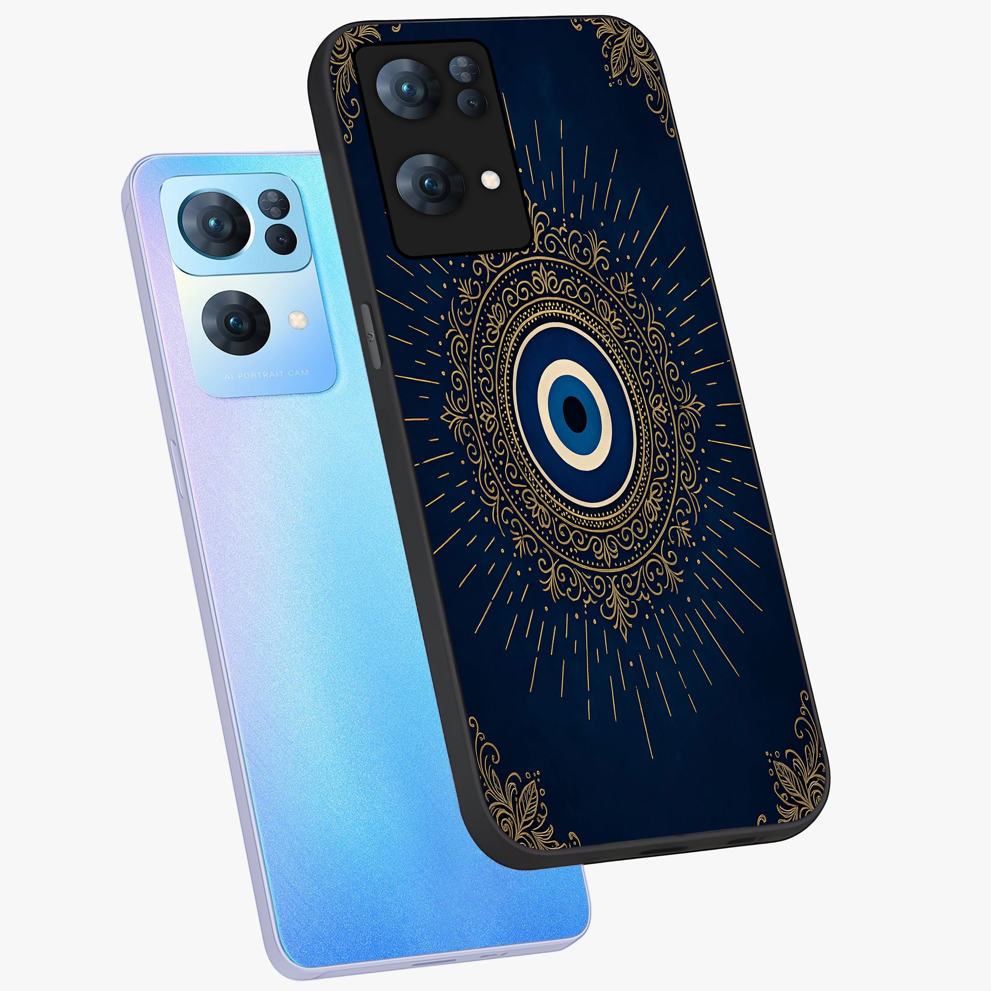 Golden Celestial Charm Glass Case displayed in angled mockup highlighting sparkling cosmic charm design with celestial aesthetic.