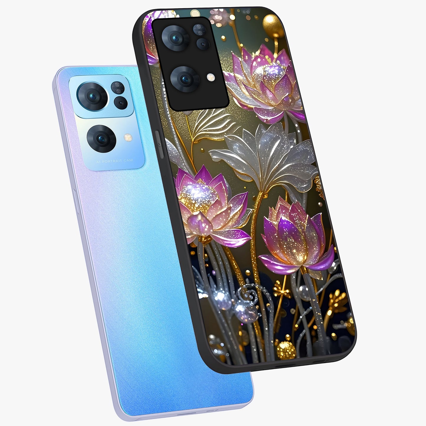 Golden Floral Majesty Glass Case displayed in angled mockup highlighting elegant flower design with royal golden aesthetic.
