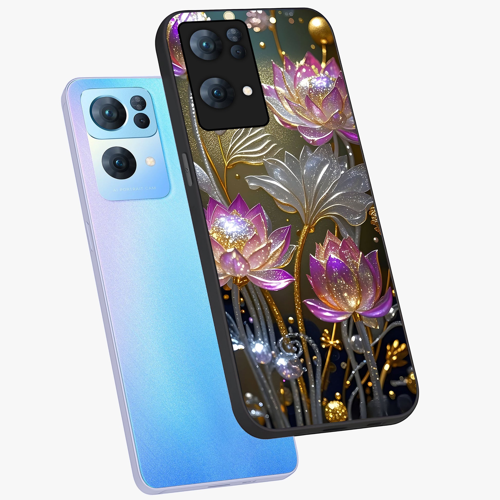 Golden Floral Majesty Glass Case displayed in angled mockup highlighting elegant flower design with royal golden aesthetic.