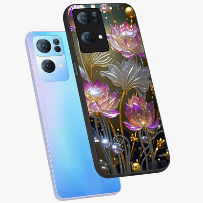 Golden Floral Majesty Glass Case displayed in angled mockup highlighting elegant flower design with royal golden aesthetic.