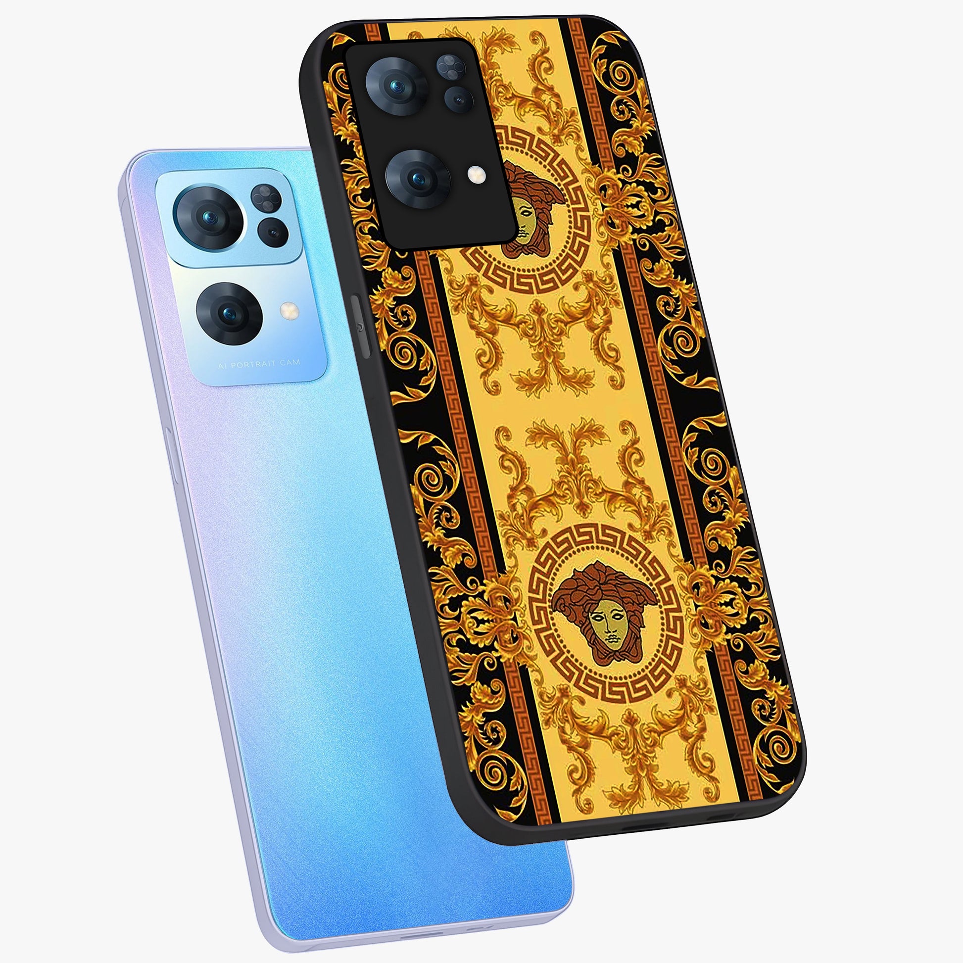 Golden Lotus Glow Glass Case displayed in angled mockup highlighting radiant lotus illustration with spiritual aesthetic.