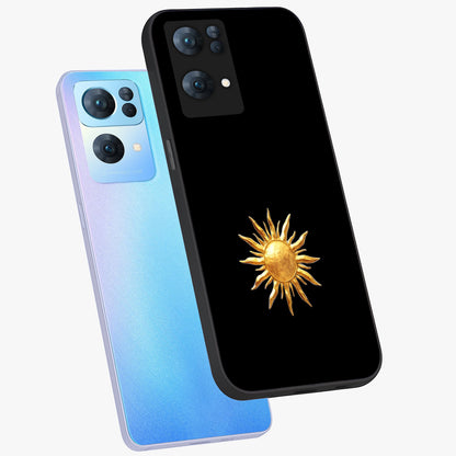 Golden Sun Minimalism Glass Case displayed in angled mockup highlighting eerie shadow illustration with gothic aesthetic.