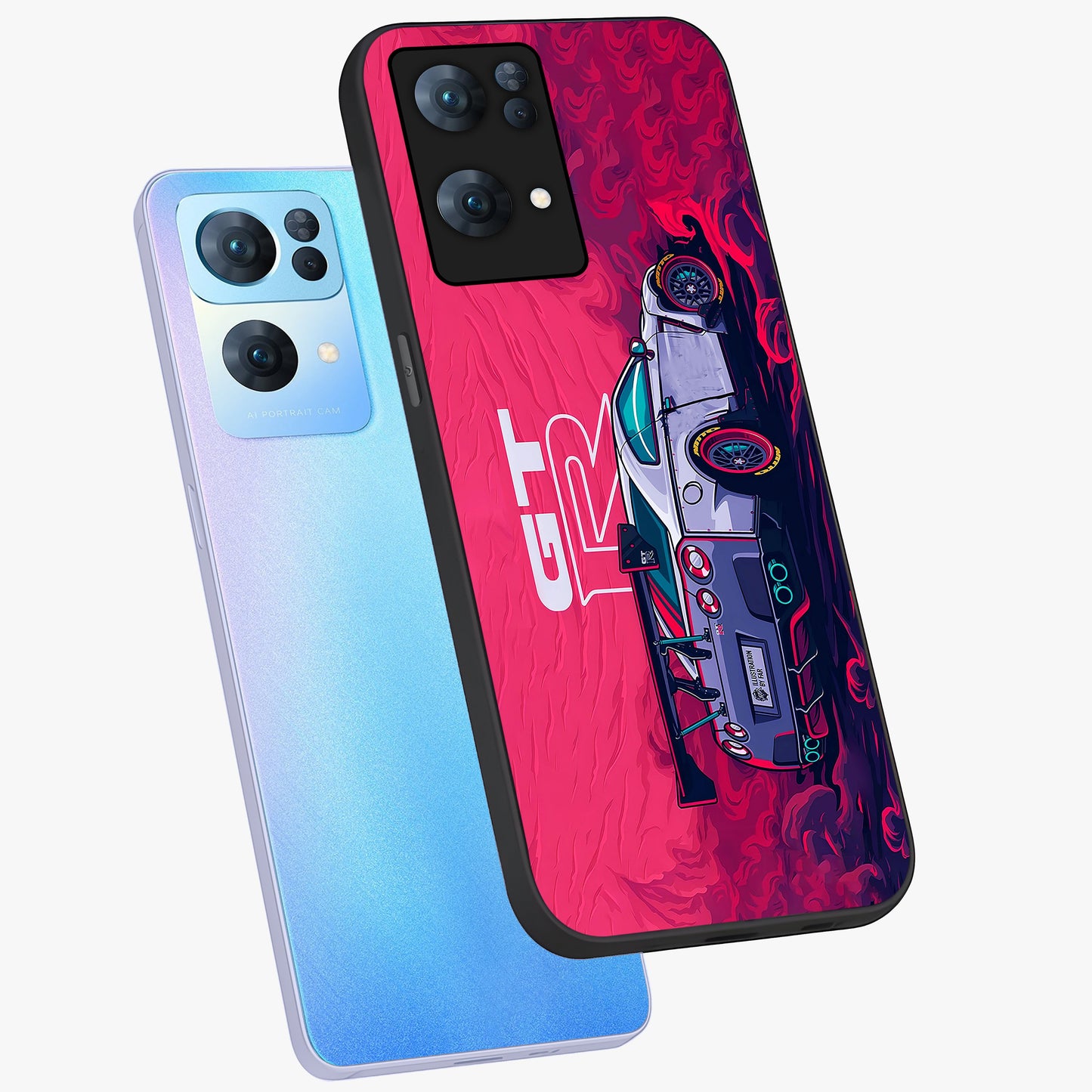 GT-R Car Pattern Glass Case displayed in angled mockup highlighting racing car graphic design with bold automotive aesthetic.