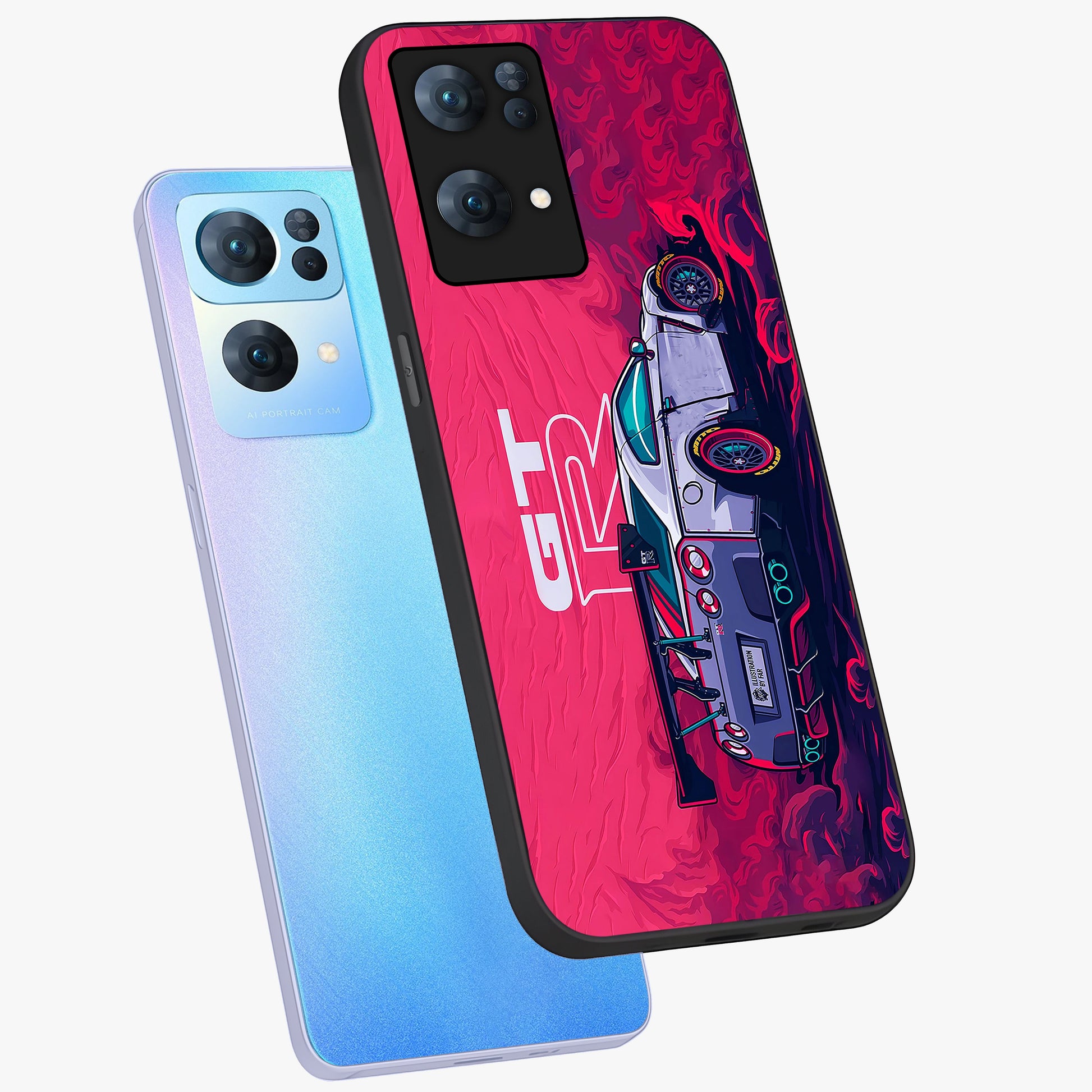 GT-R Car Pattern Glass Case displayed in angled mockup highlighting racing car graphic design with bold automotive aesthetic.