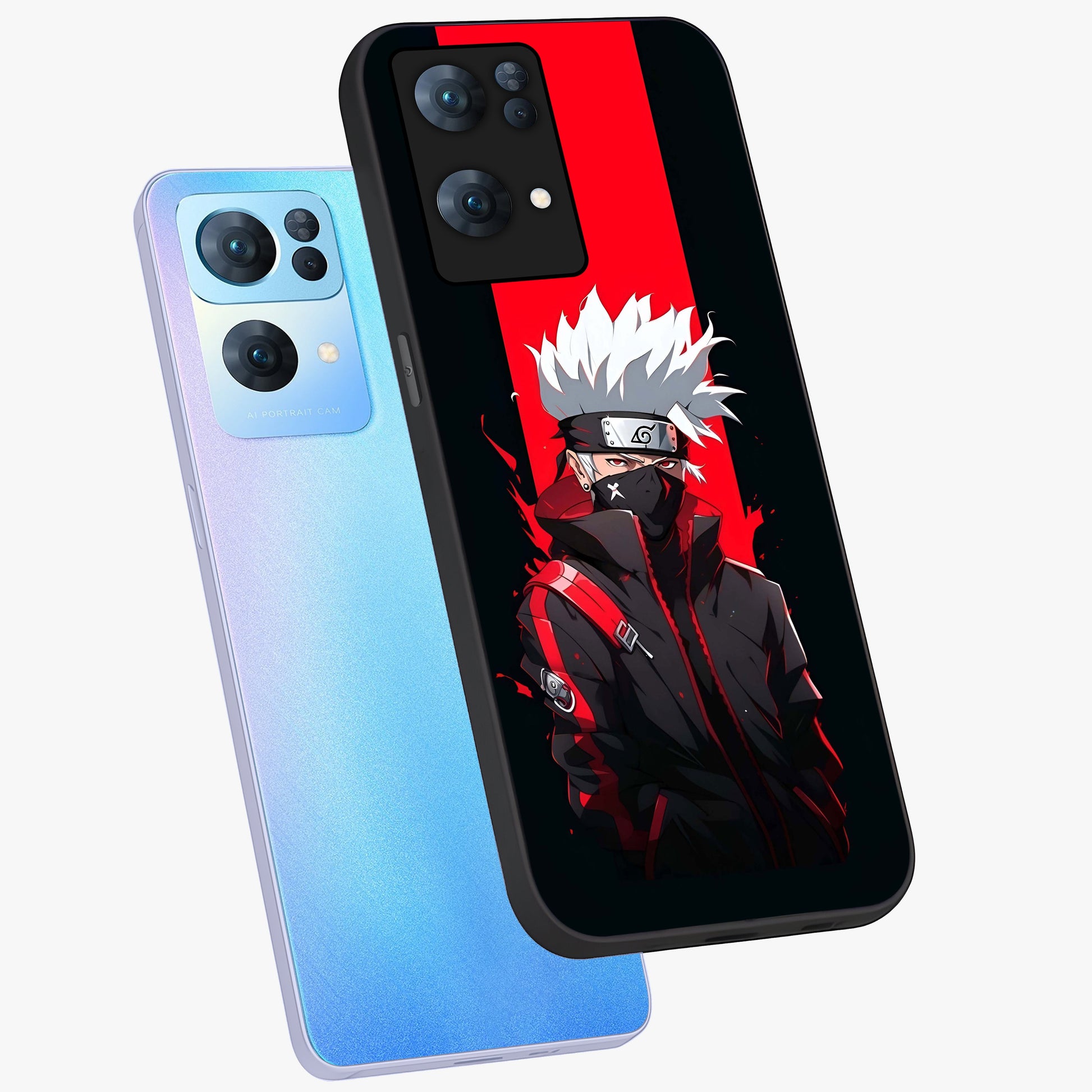 Kakashi Scarlet Shadow Glass Case displayed in angled mockup highlighting dramatic ninja illustration with scarlet themed aesthetic.