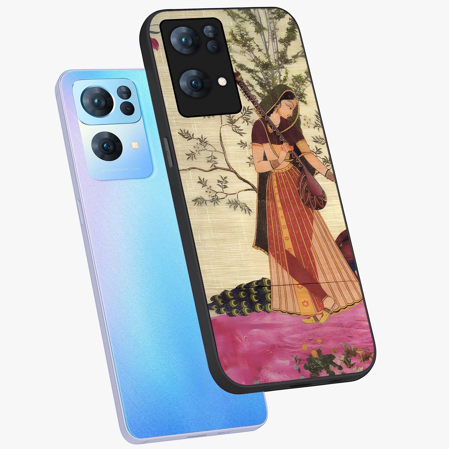 Lady With Veena Art Glass Case displayed in angled mockup highlighting graceful musical illustration with cultural artistic aesthetic.