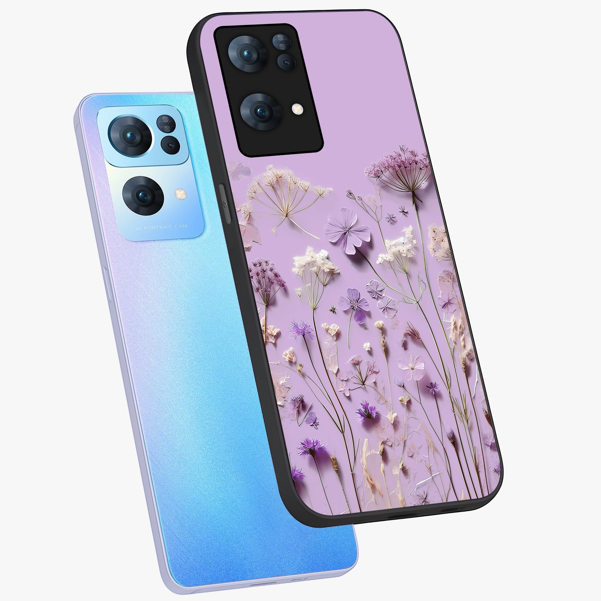 Lavender Blossom Dream Glass Case displayed in angled mockup highlighting dreamy lavender flower design with calming aesthetic style.