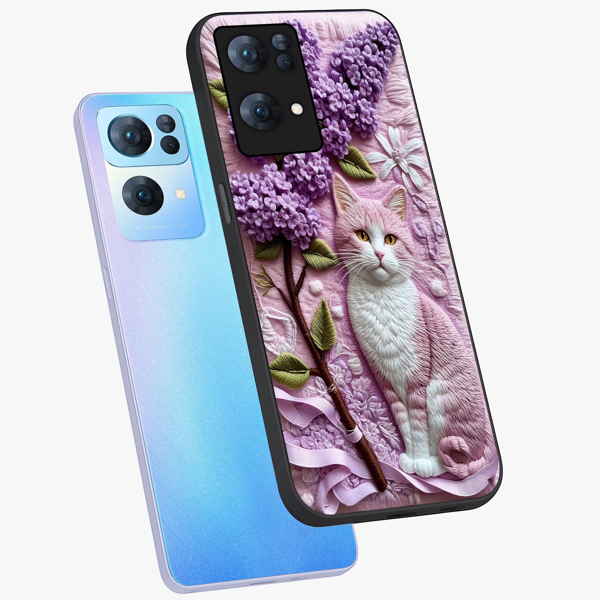 Lavender Cat Whimsy Glass Case displayed in angled mockup highlighting playful feline illustration with pastel lavender aesthetic.