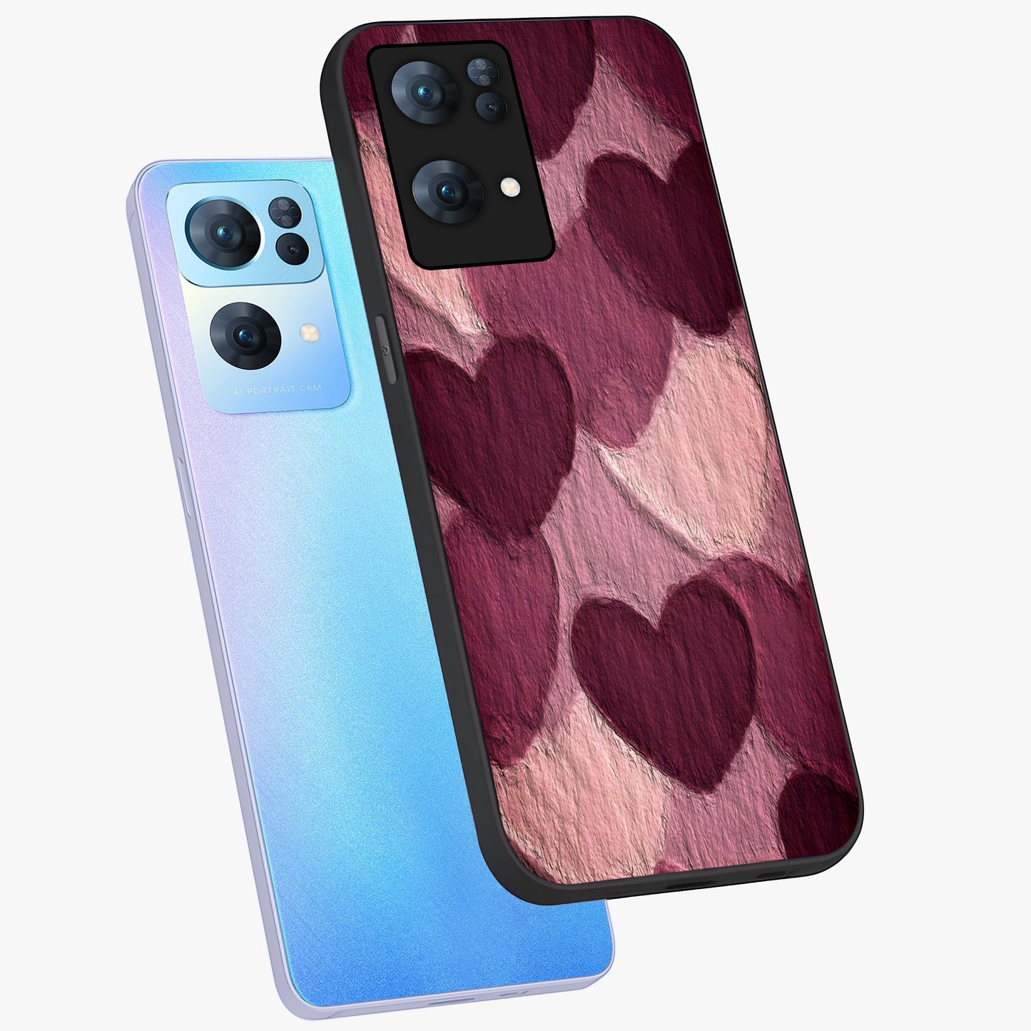 Layered Paper Hearts Glass Case displayed in angled mockup highlighting creative paper craft heart design with romantic aesthetic.