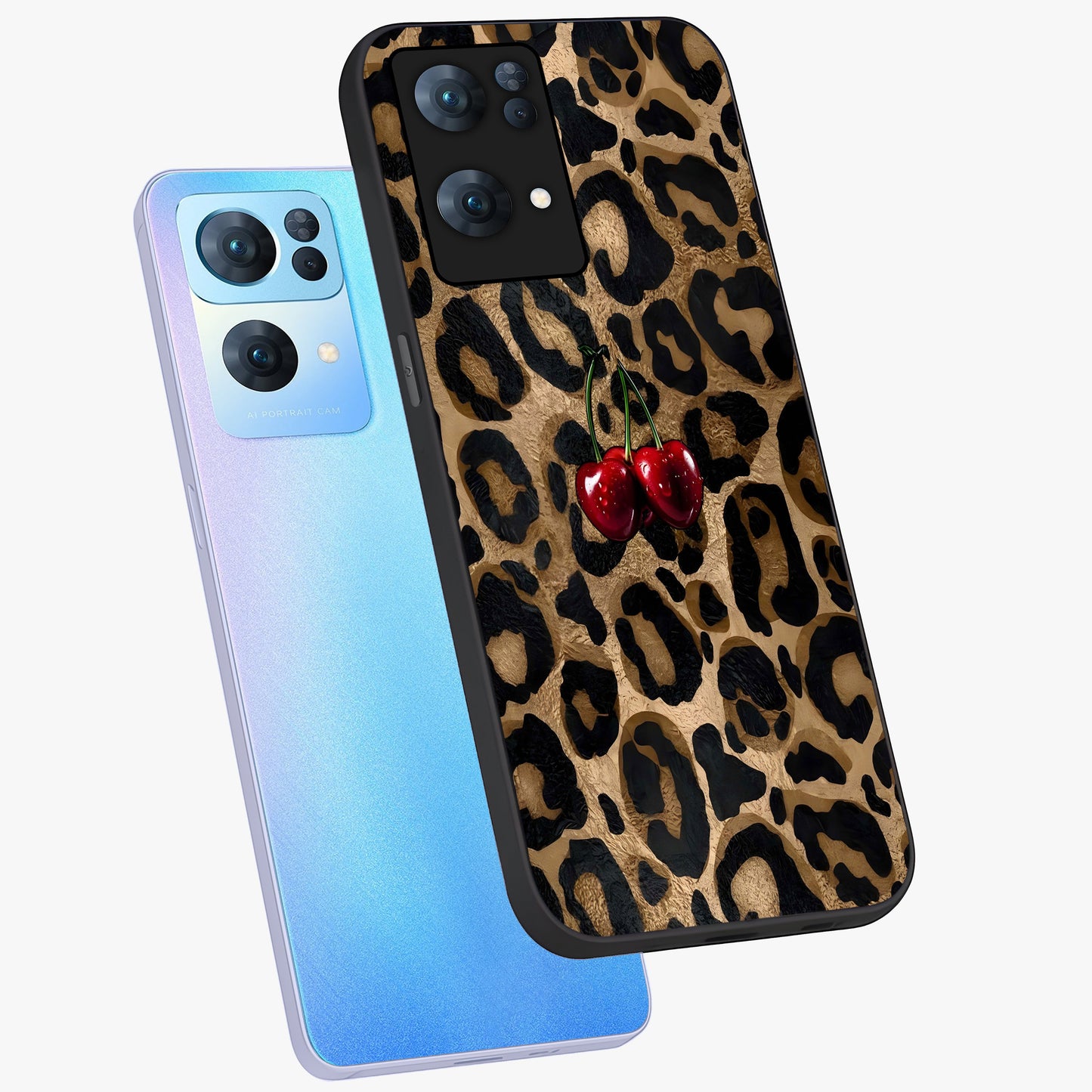 Leopard Wild Cherry Glass Case displayed in angled mockup highlighting bold animal print design with playful cherry aesthetic.