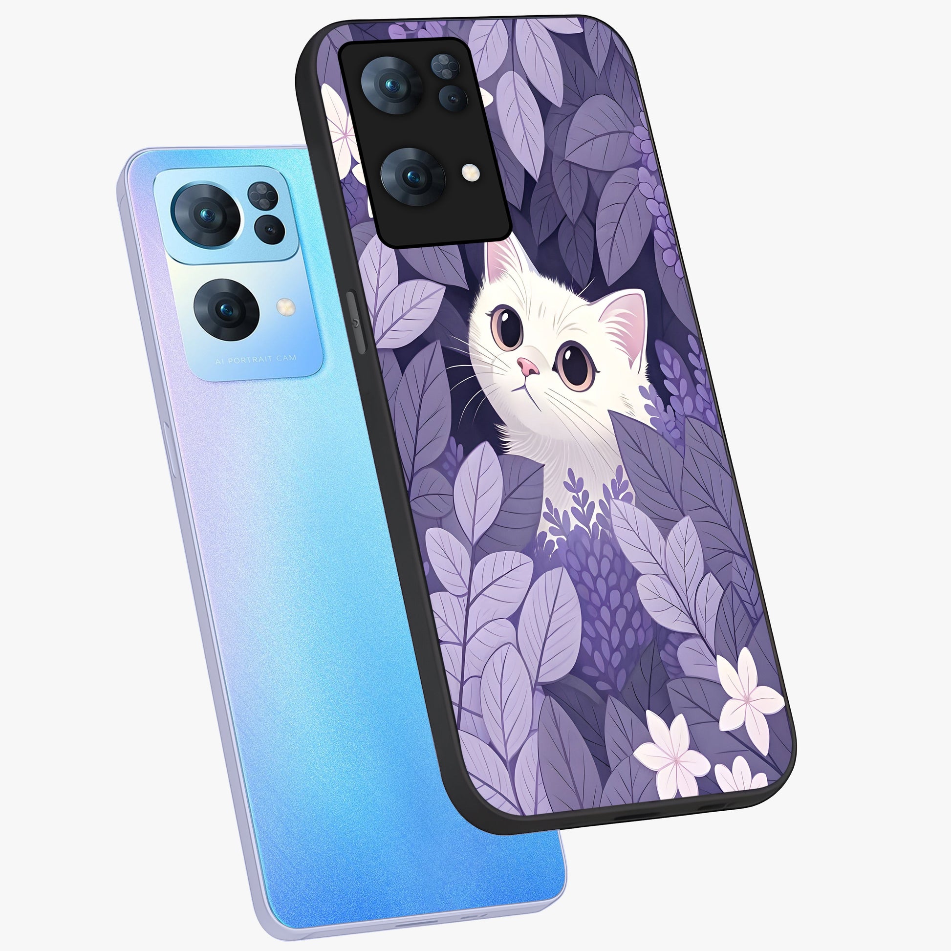 Lilac Hide Peek Cat Glass Case displayed in angled mockup highlighting playful feline illustration with lilac aesthetic design.