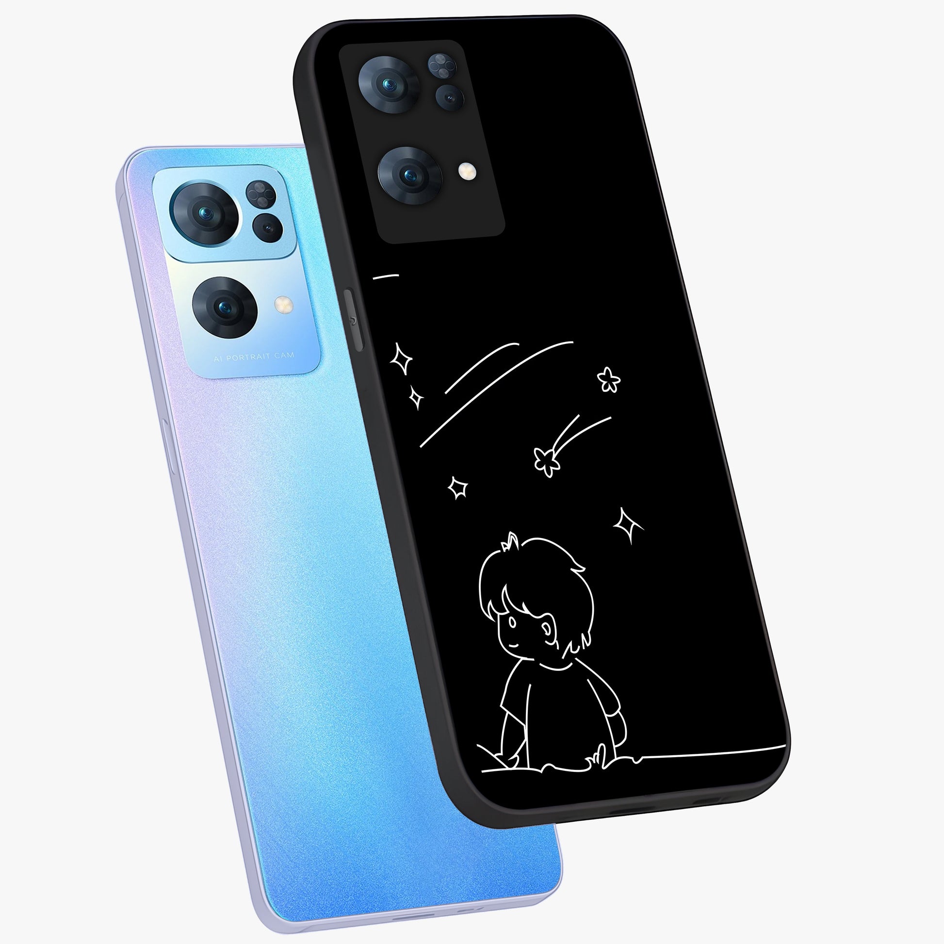 Line Art Boy With Shooting Stars Glass Case displayed in angled mockup highlighting elegant line art design with dreamy star aesthetic.