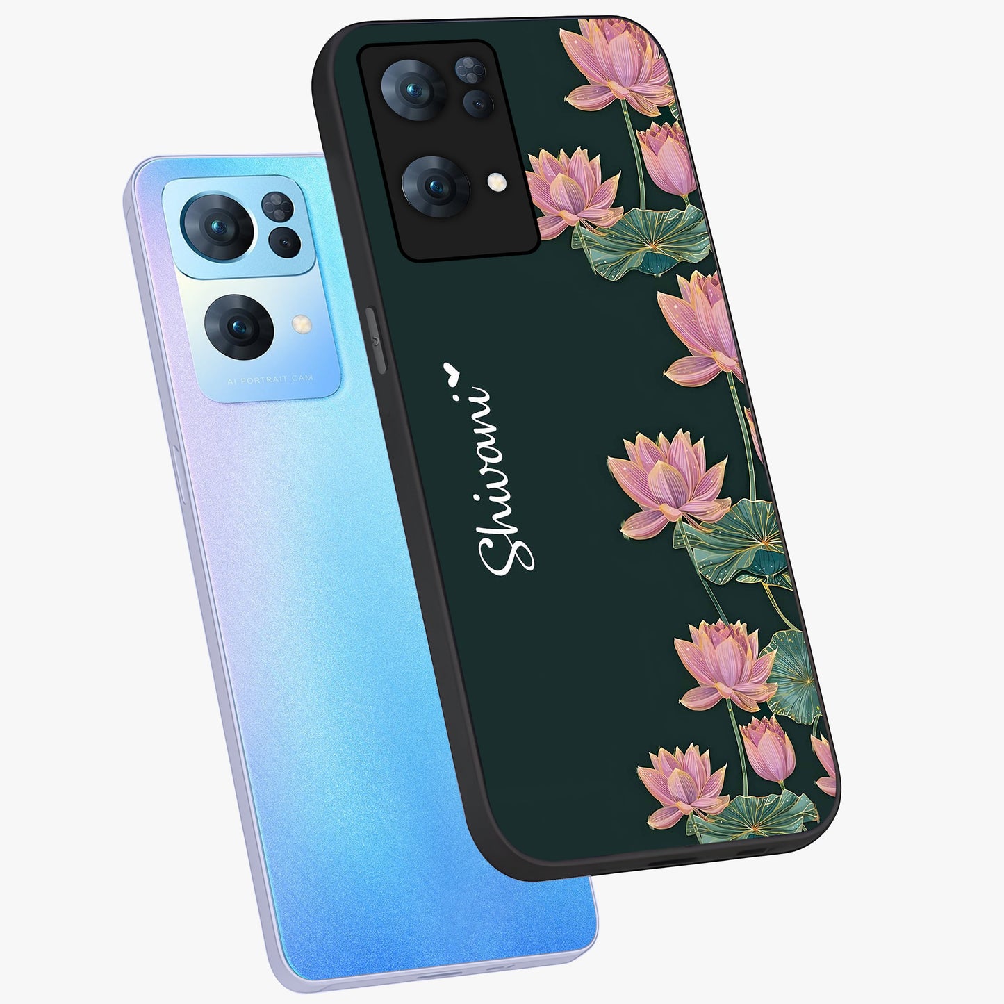 Lotus Bloom Serenity Custom Name Glass Case displayed in angled mockup highlighting graceful lotus illustration with custom name feature.