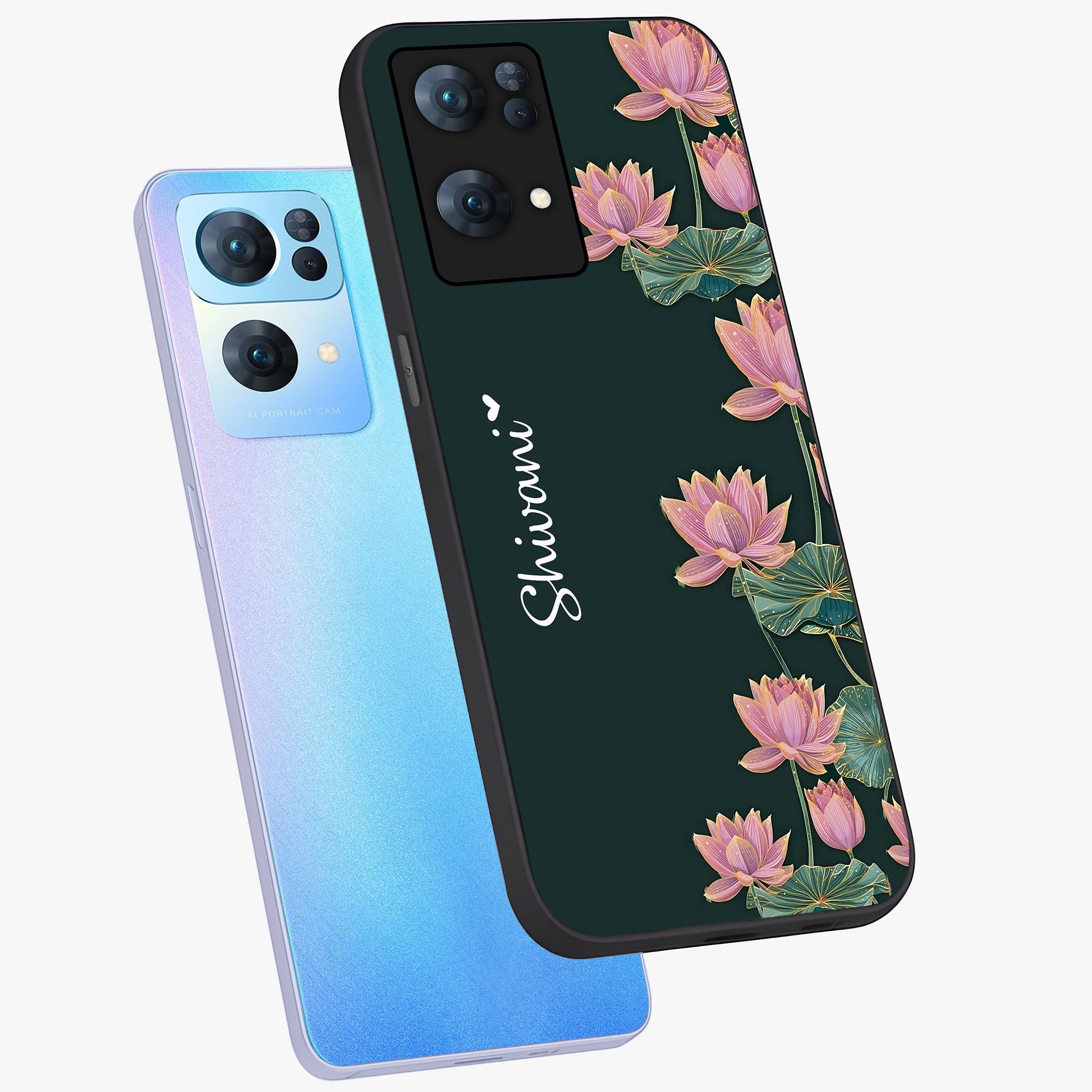 Lotus Bloom Serenity Custom Name Glass Case displayed in angled mockup highlighting graceful lotus illustration with custom name feature.