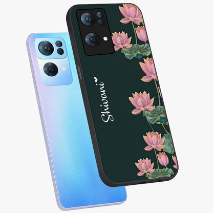 Lotus Bloom Serenity Custom Name Glass Case displayed in angled mockup highlighting graceful lotus illustration with custom name feature.