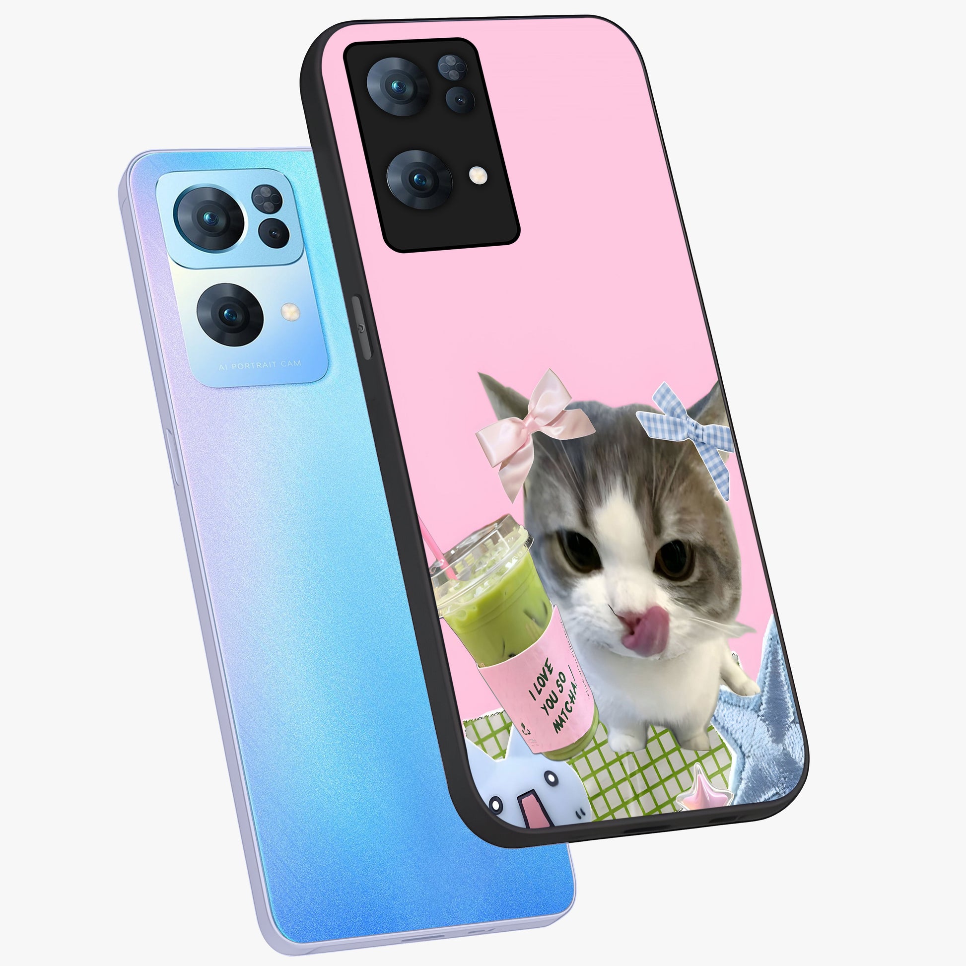 Love Matcha Cat Glass Case displayed in angled mockup highlighting playful feline illustration with cozy matcha aesthetic.