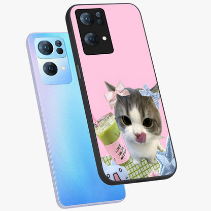 Love Matcha Cat Glass Case displayed in angled mockup highlighting playful feline illustration with cozy matcha aesthetic.
