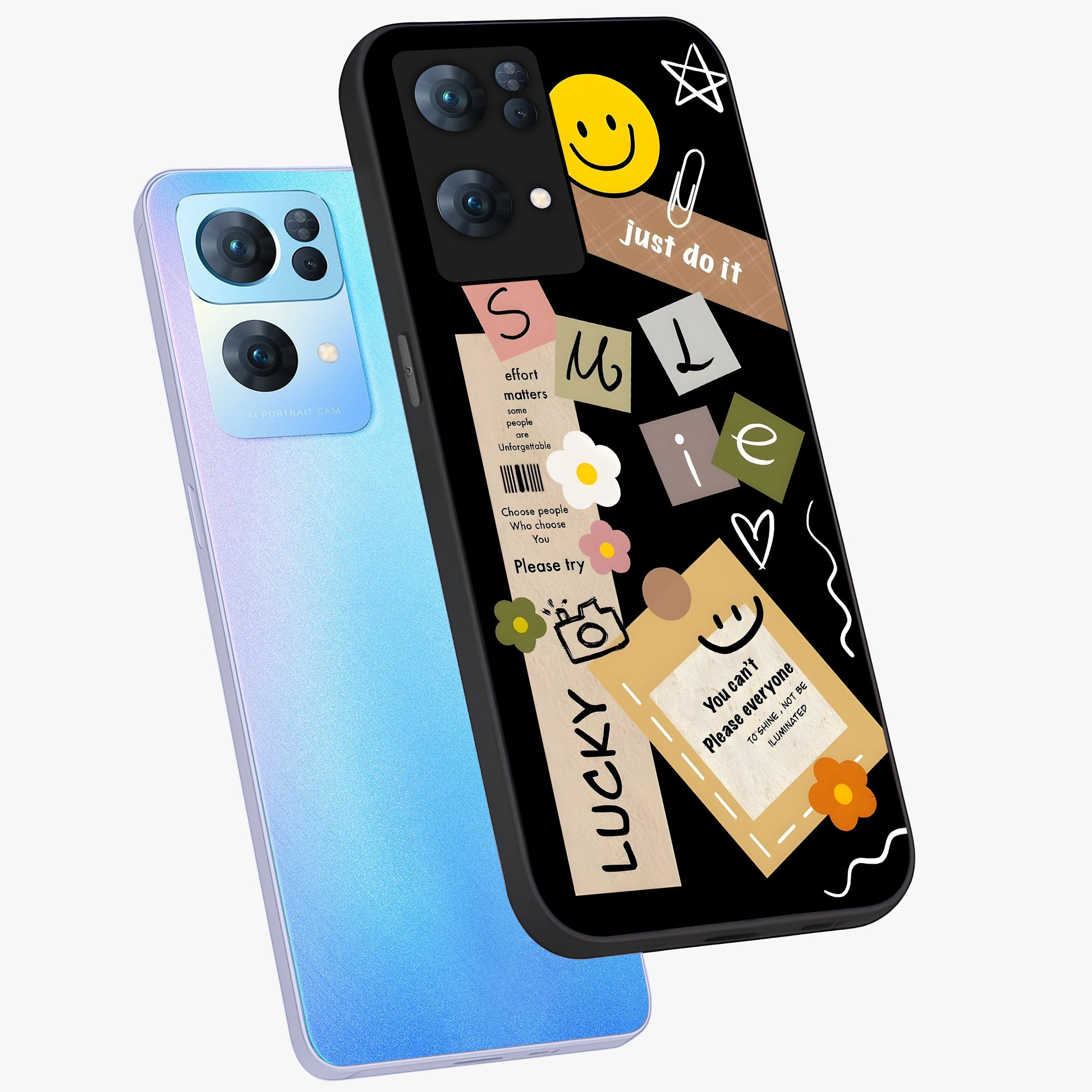 Lucky Aesthetic Collage Glass Case displayed in angled mockup highlighting stylish collage pattern with modern aesthetic vibe.