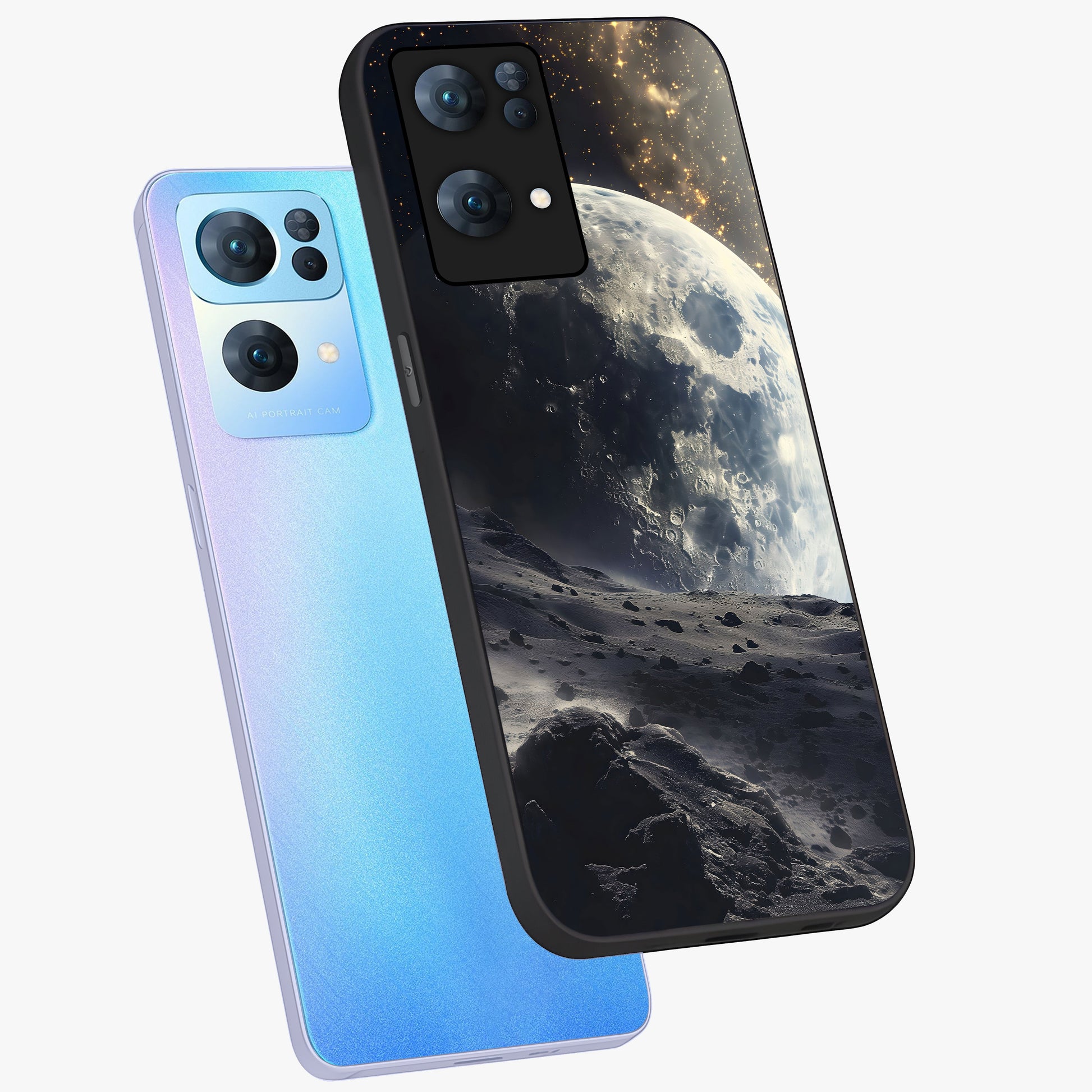 Lunar Horizon Glow Glass Case displayed in angled mockup highlighting celestial moon design with dreamy night aesthetic.