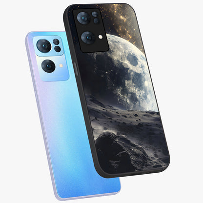 Lunar Horizon Glow Glass Case displayed in angled mockup highlighting celestial moon design with dreamy night aesthetic.
