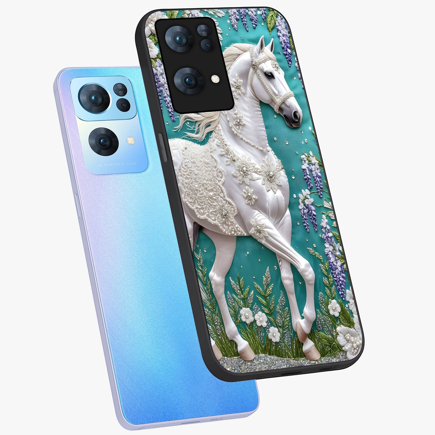 Majestic Floral Stallion Glass Case displayed in angled mockup highlighting majestic stallion illustration with elegant floral aesthetic.