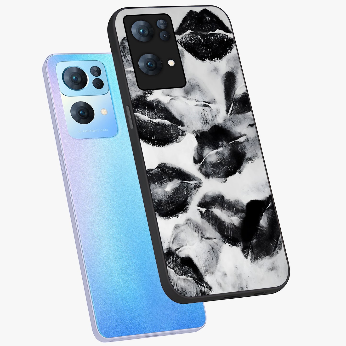 Midnight Kiss Marks Glass Case displayed in angled mockup highlighting playful romantic design with bold midnight aesthetic.