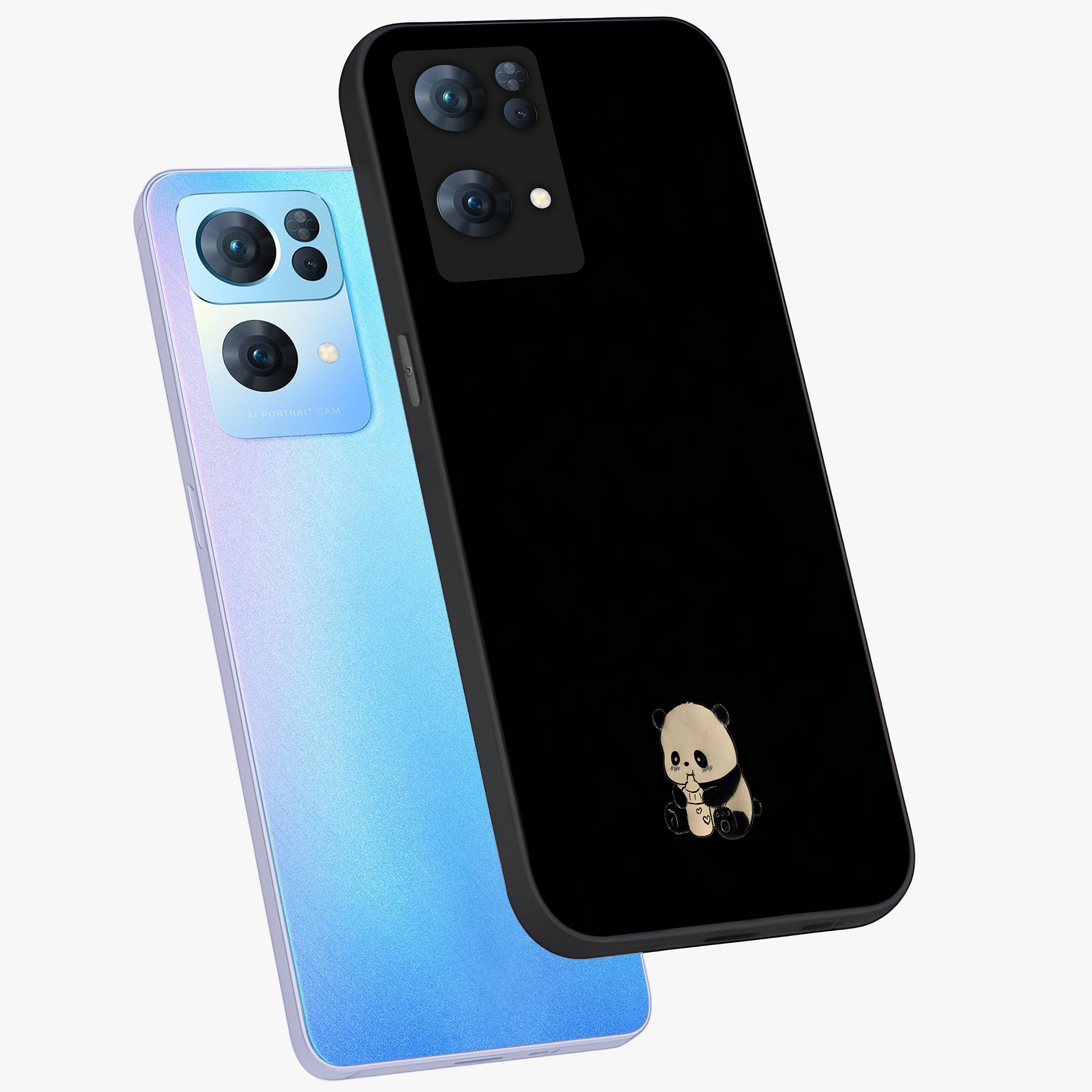 Midnight Panda Love Glass Case displayed in angled mockup highlighting adorable panda illustration with midnight aesthetic.
