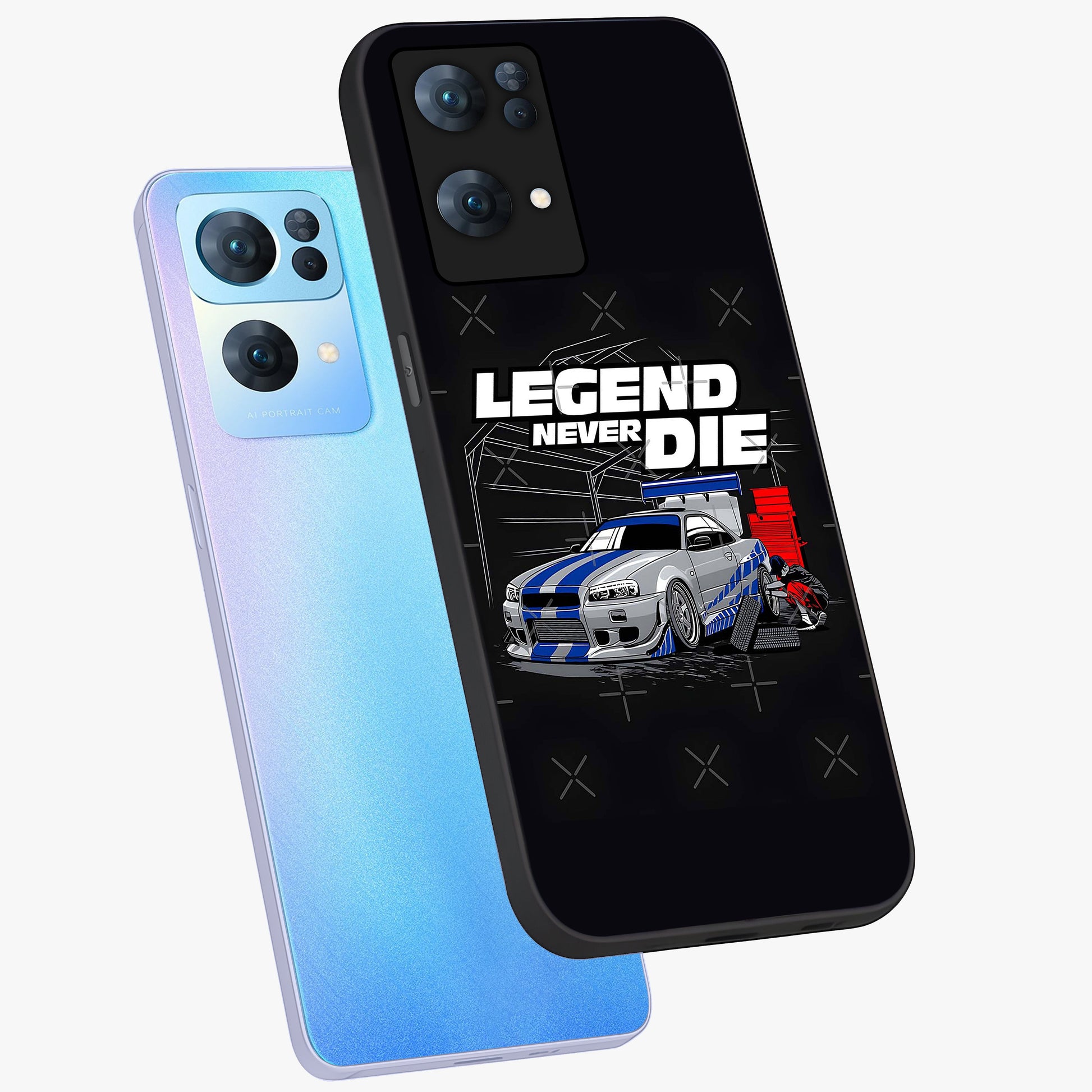 Midnight Racing Legacy Glass Case displayed in angled mockup highlighting dynamic automotive design with bold midnight aesthetic.