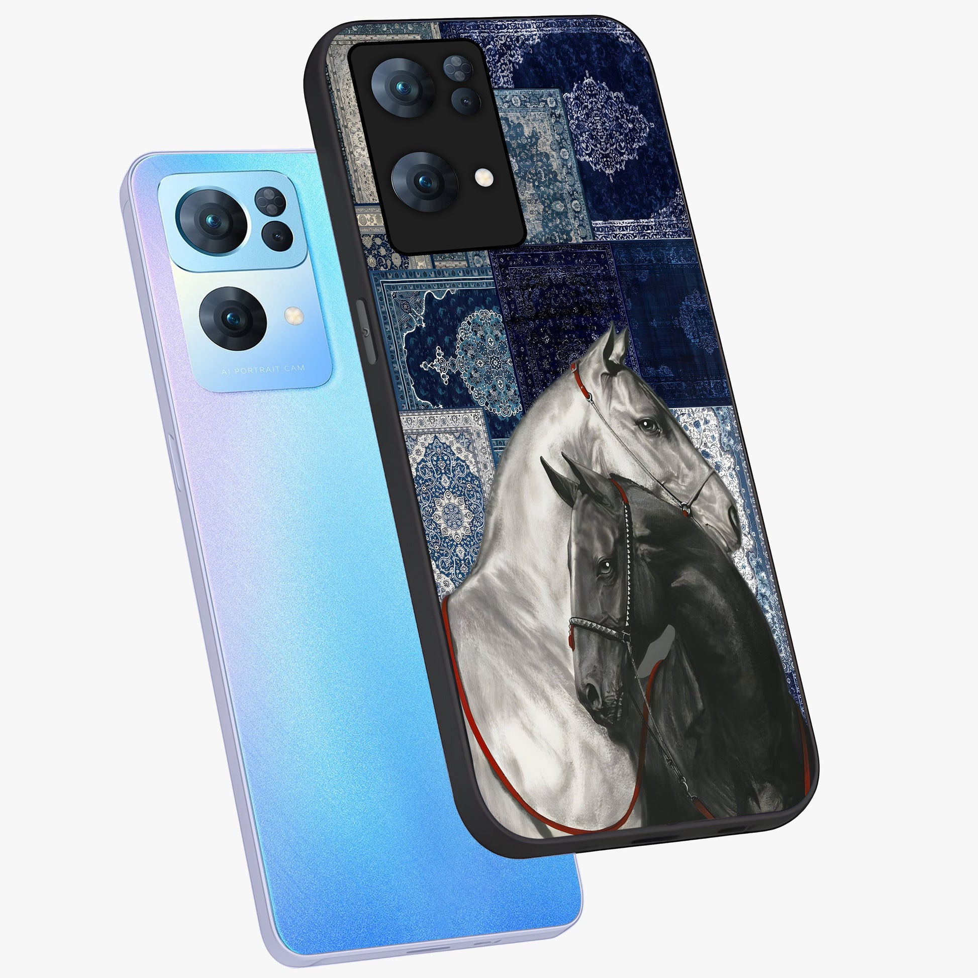 Midnight Stallion Blues Glass Case displayed in angled mockup highlighting powerful stallion illustration with deep midnight tones.