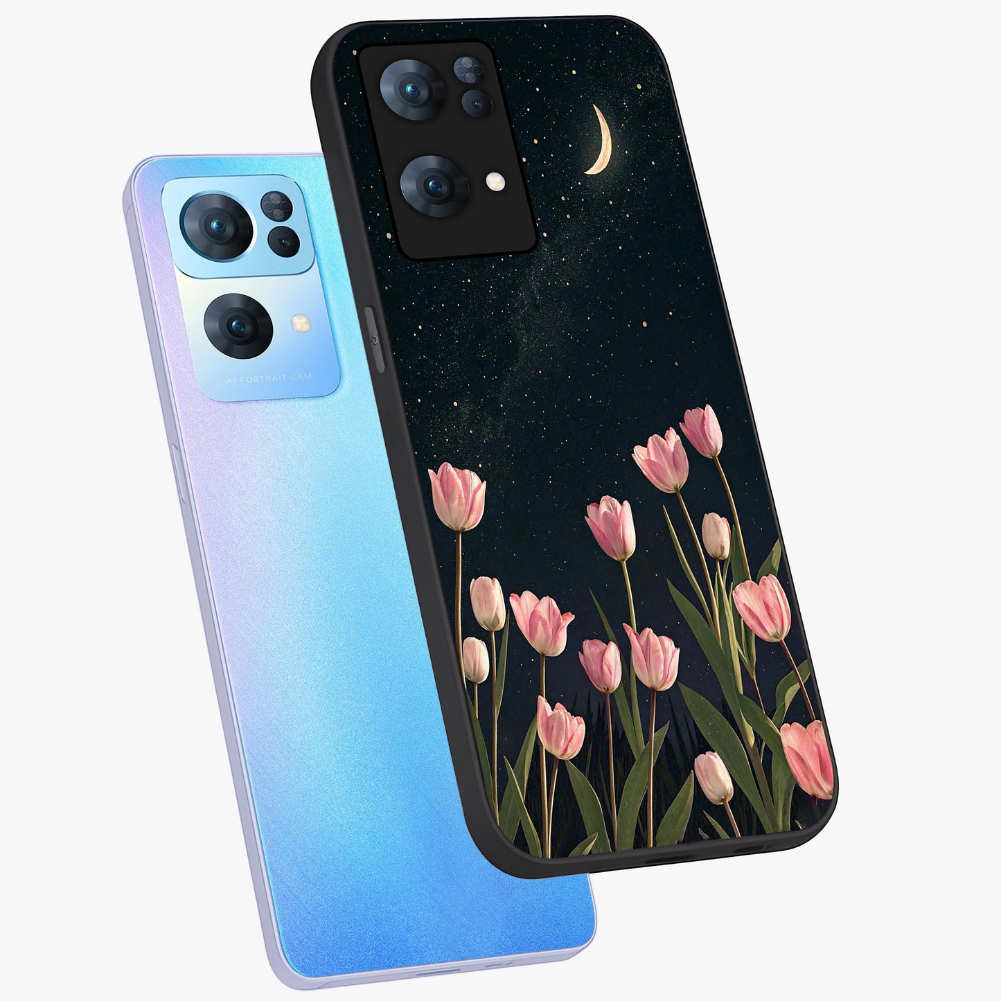 Midnight Tulip Whispers Vibe Glass Case displayed in angled mockup highlighting delicate tulip design with midnight floral aesthetic.