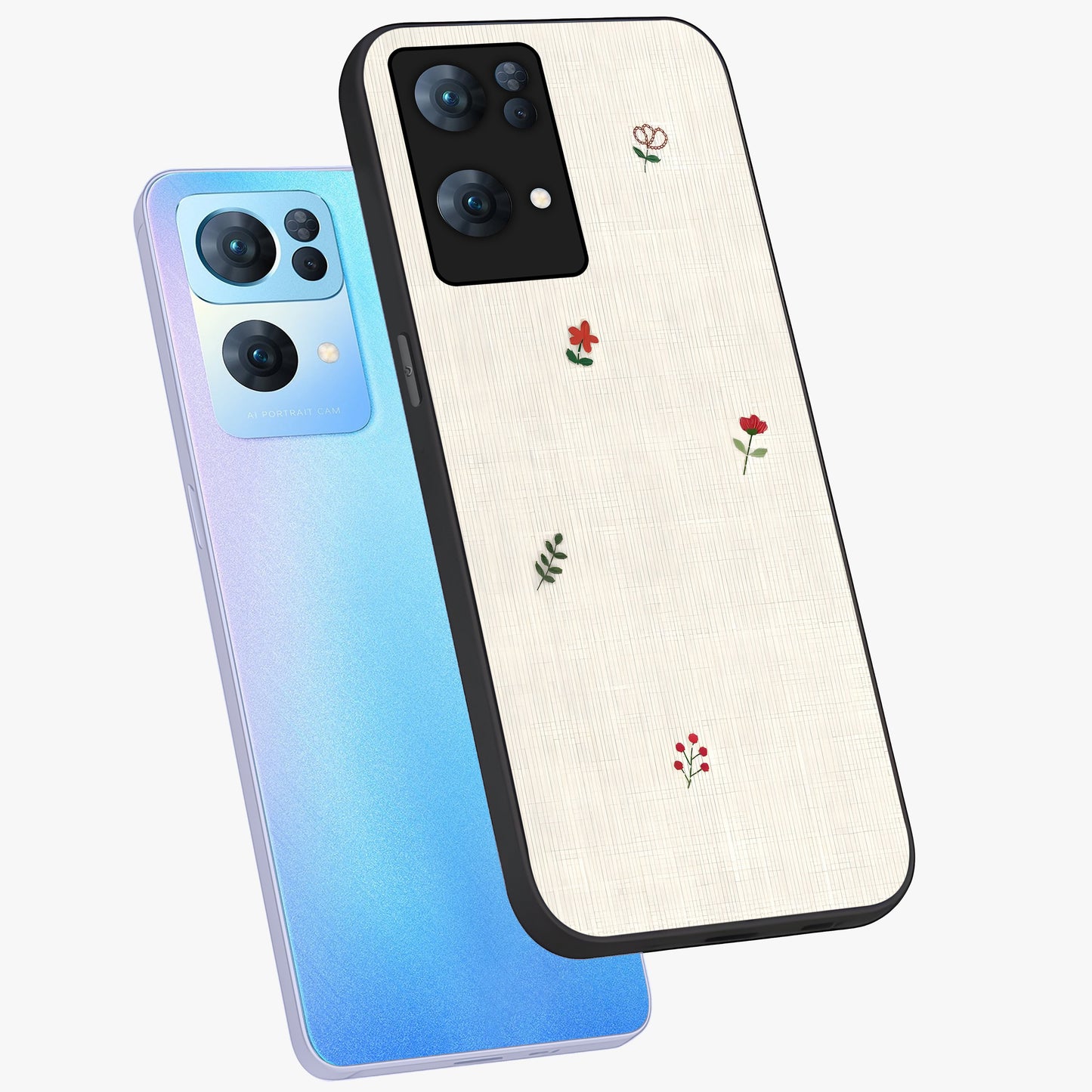 Minimalistic Blue With White Flower Pattern Glass Case displayed in angled mockup highlighting simple floral design with minimal aesthetic.