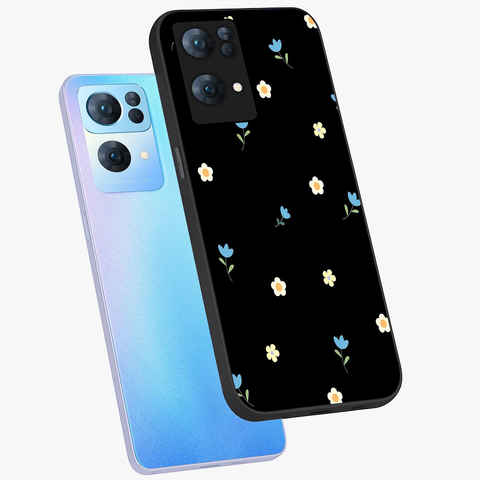 Minimal Petal Whispers Glass Case displayed in angled mockup highlighting delicate petal design with clean minimal aesthetic.