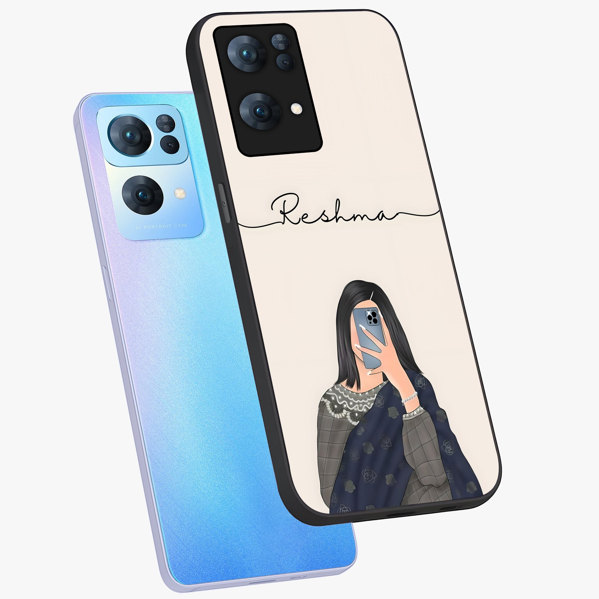 Mirror Mood Muse With Custom Name Glass Case displayed in angled mockup highlighting aesthetic mirror inspired design with custom name feature.