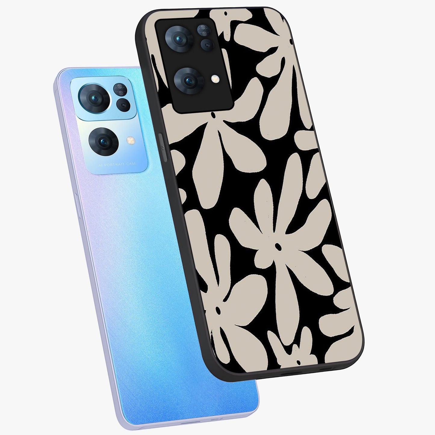 Monochrome Petal Dance Glass Case displayed in angled mockup highlighting elegant petal design with black and white aesthetic.