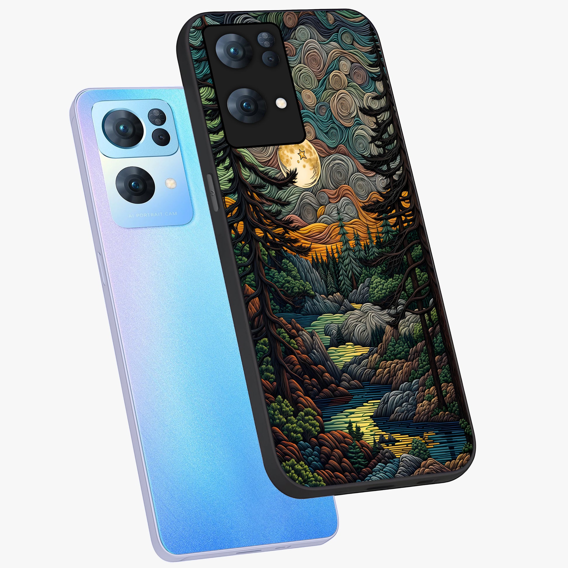 Moonlight Forest Dream Glass Case displayed in angled mockup highlighting dreamy forest design with glowing moon aesthetic.