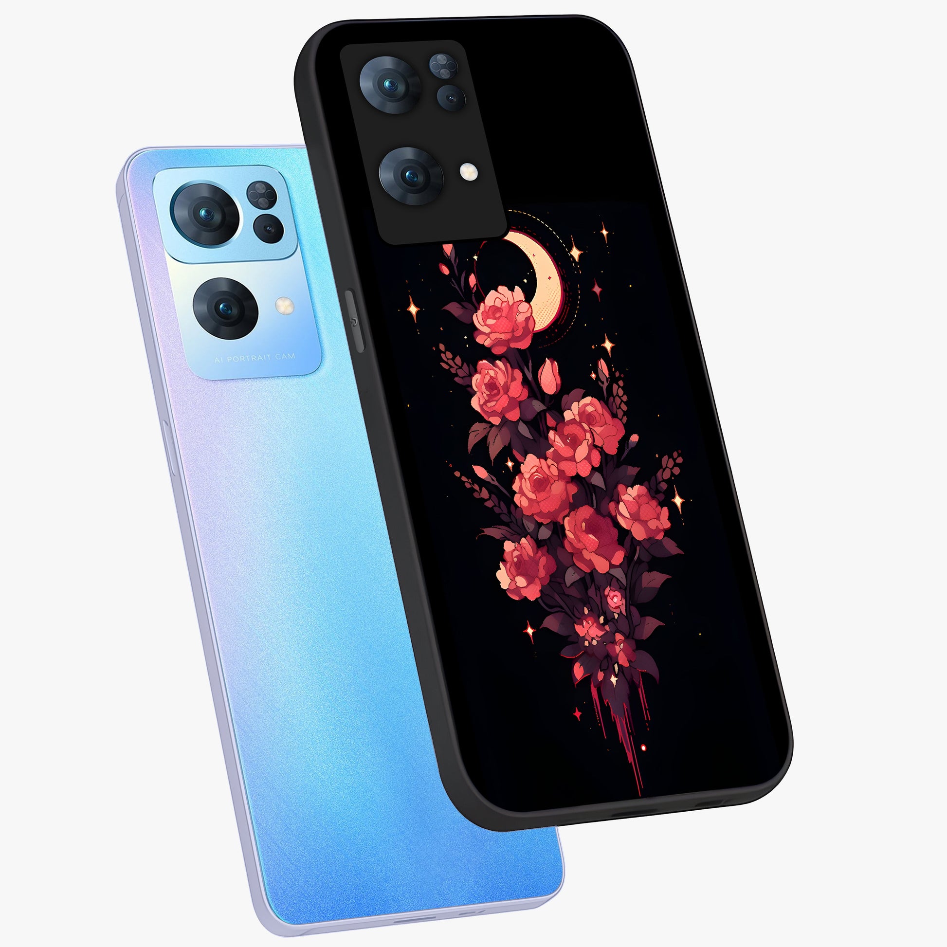 Moonlit Floral Elegance Glass Case displayed in angled mockup highlighting graceful flower design with soft moonlight aesthetic.